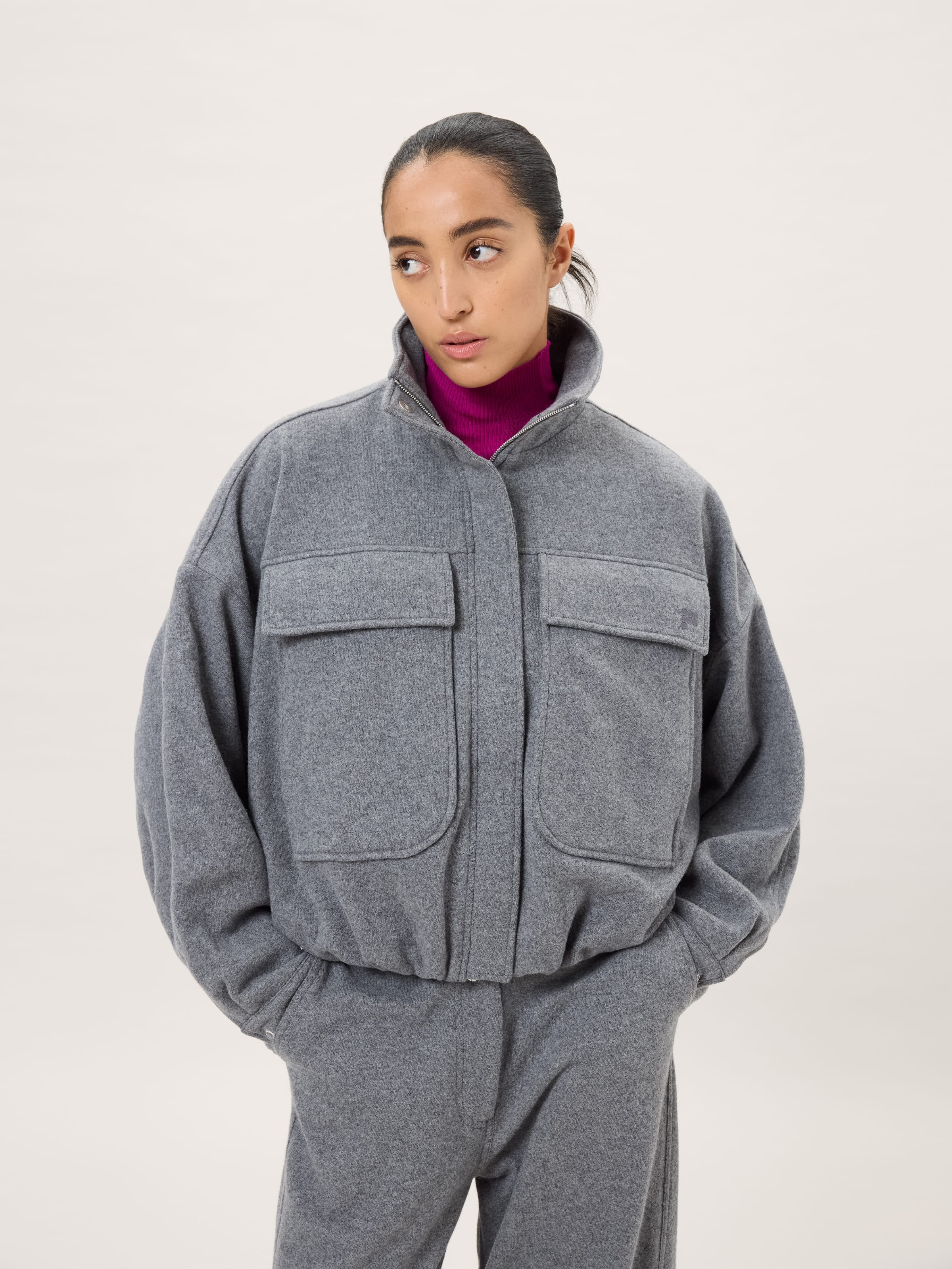 Womens Wool Jersey Zip Up Jacket—Grey Marl