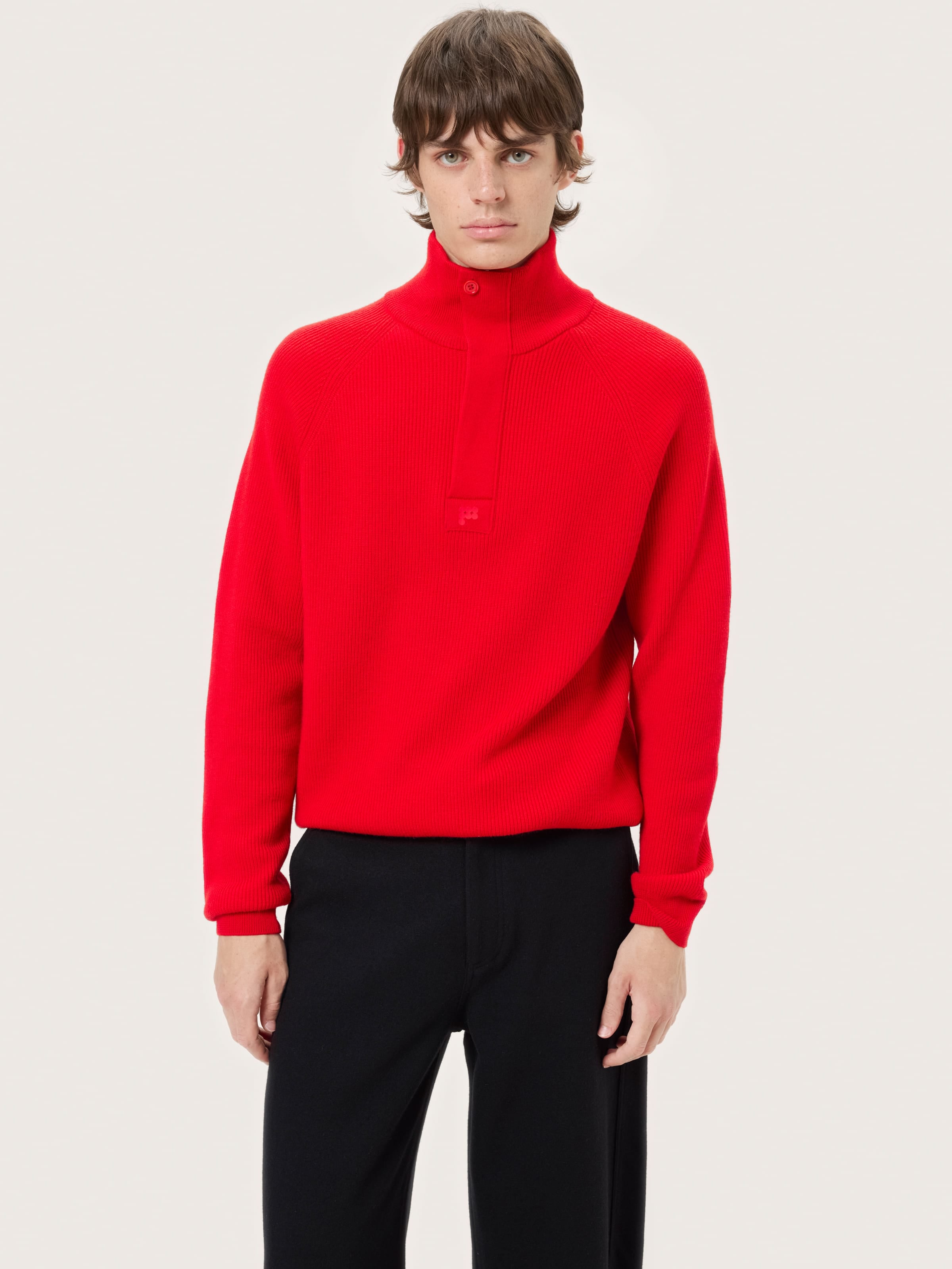 Mens Merino Wool Half Zip Sweater—Coral Red