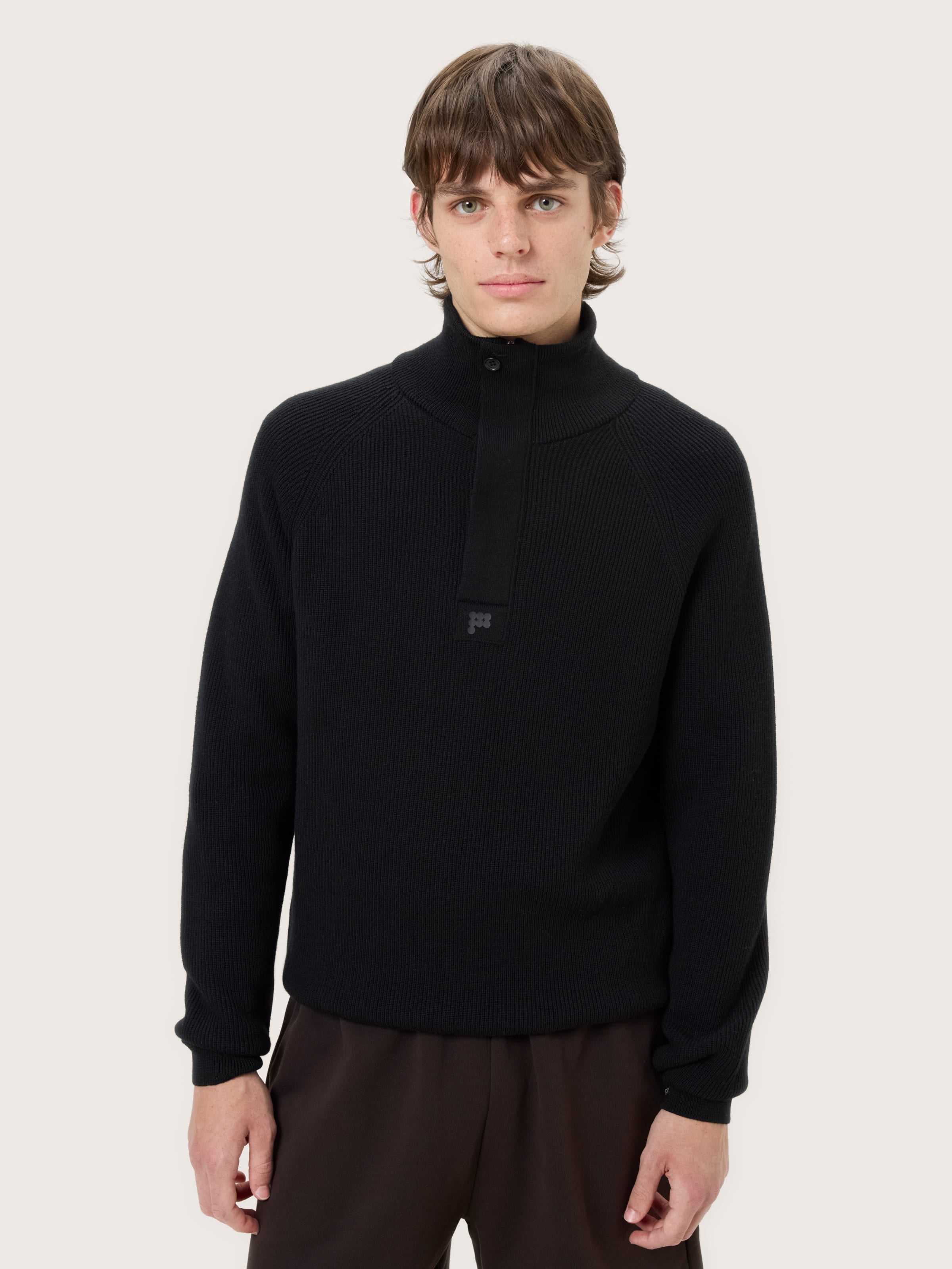 Mens Merino Wool Half Zip Sweater—Black