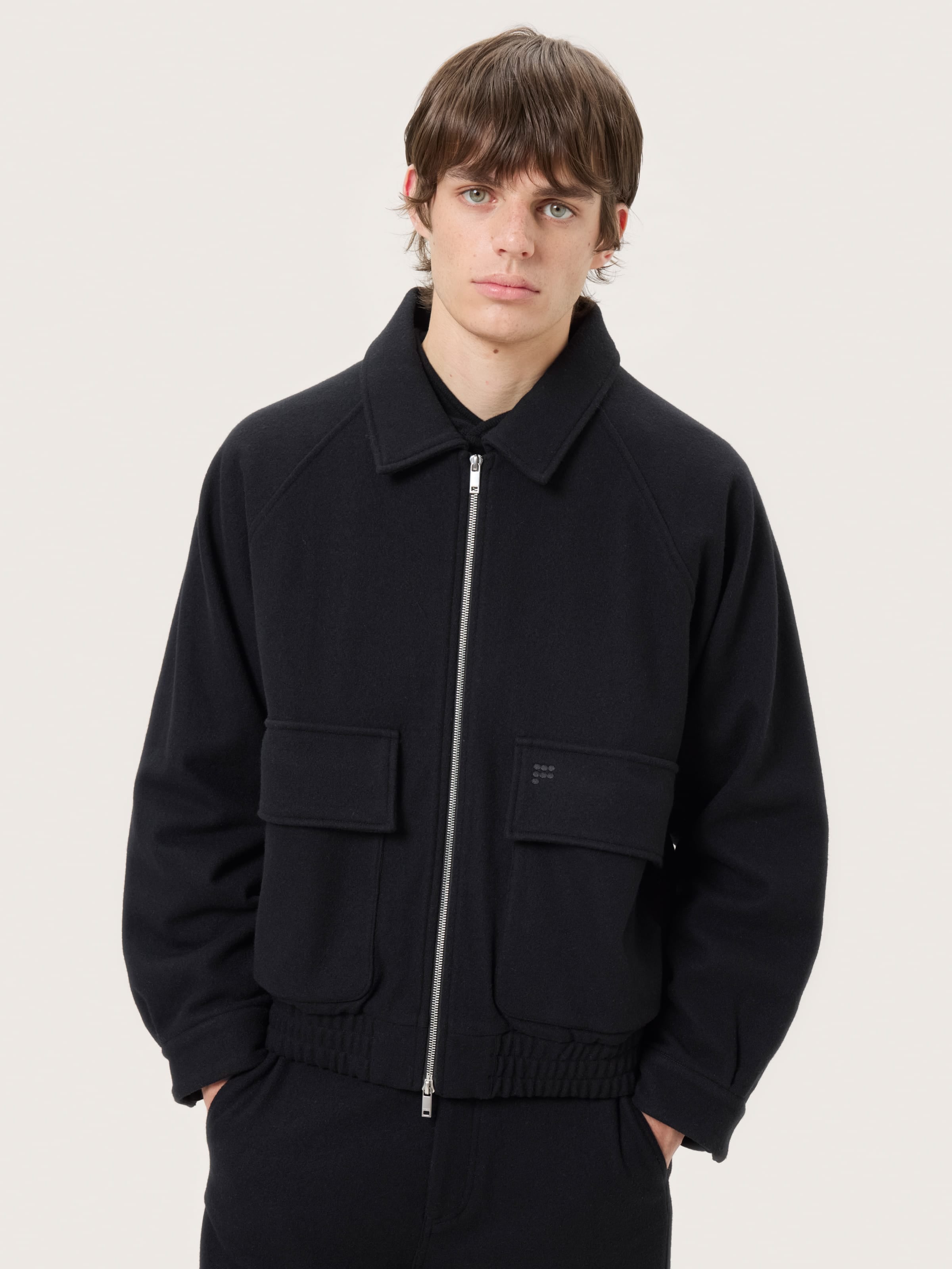 Mens Wool Jersey ZIp Up Jacket—Black