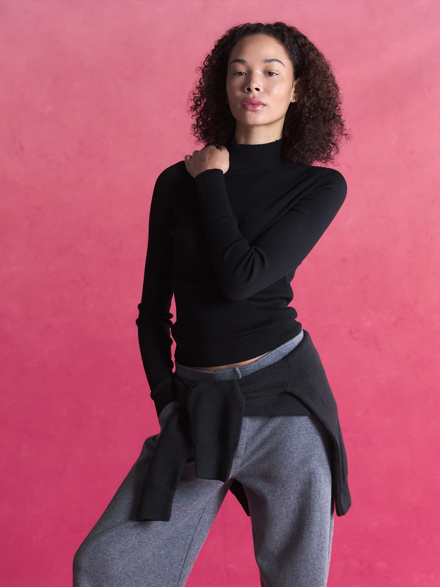 Womens Merino Wool Turtleneck Top—Black