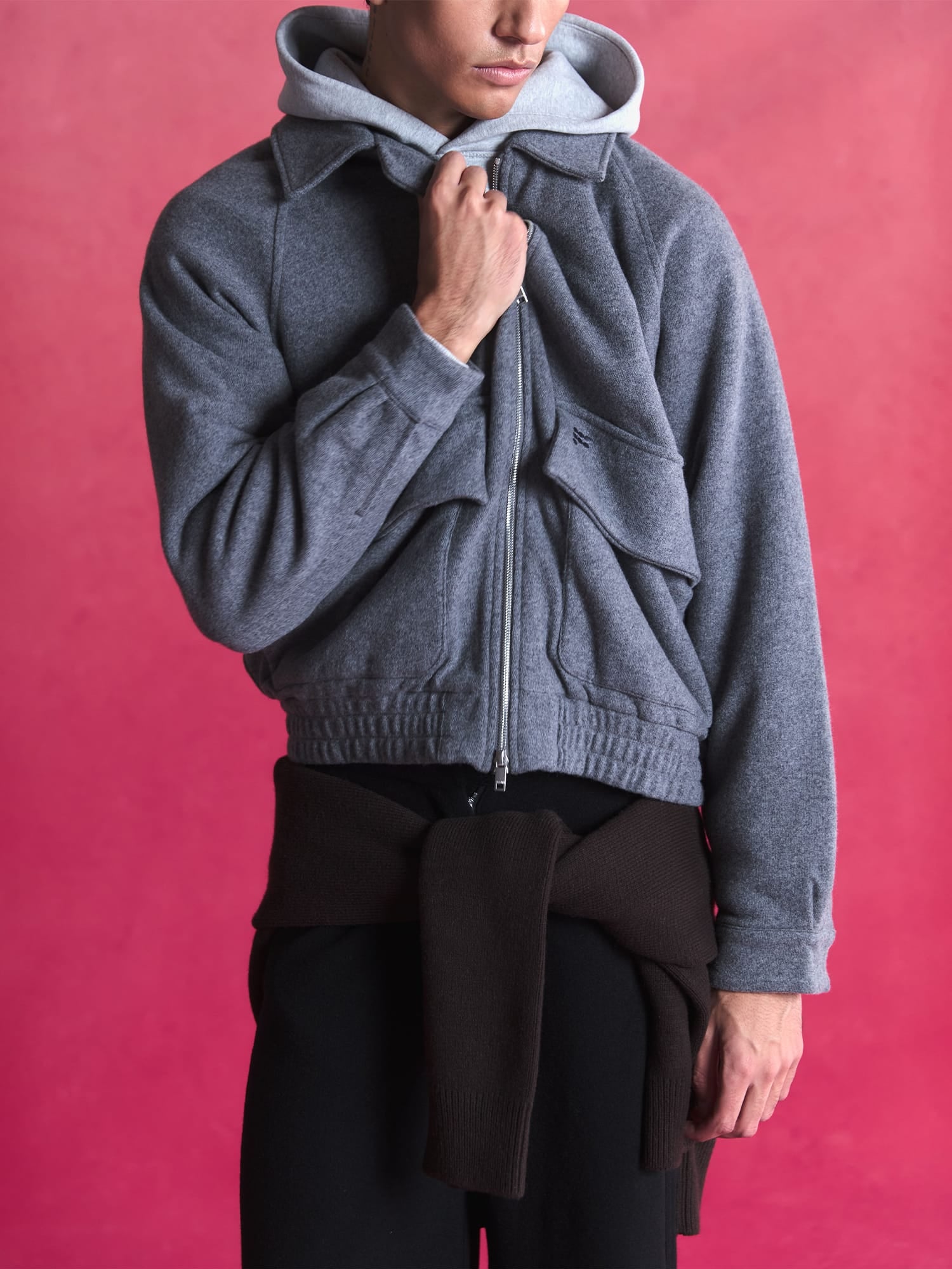 Mens Wool Jersey ZIp Up Jacket—Grey Marl