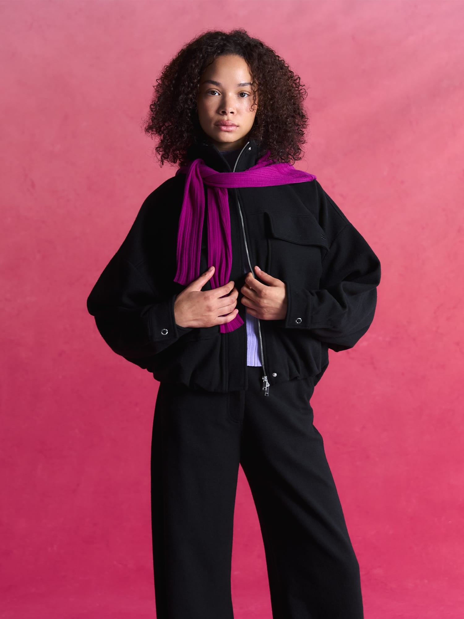 Womens Wool Jersey Zip Up Jacket—Black