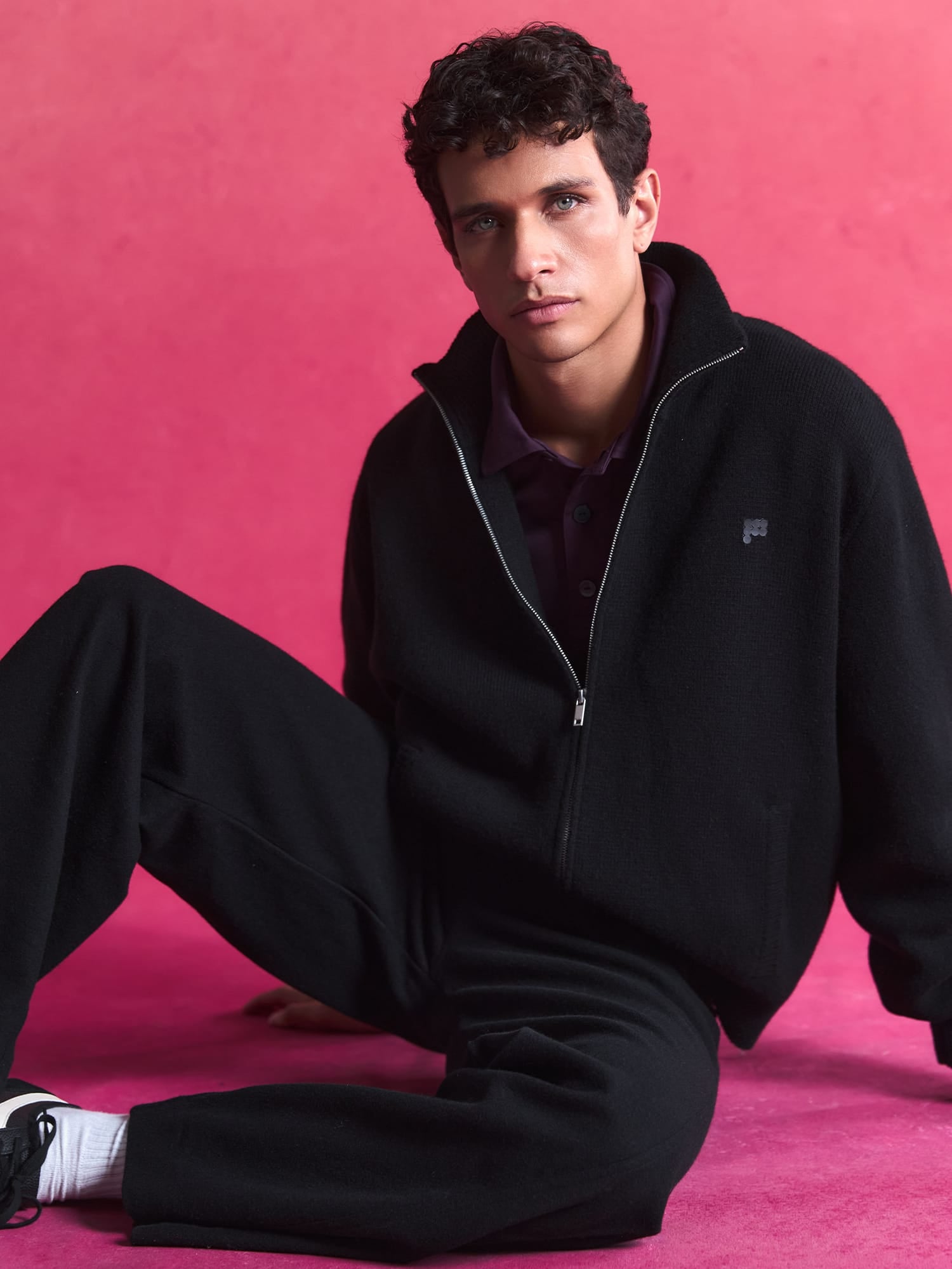 Mens Cashmere Zip Up Sweatshirt—Black