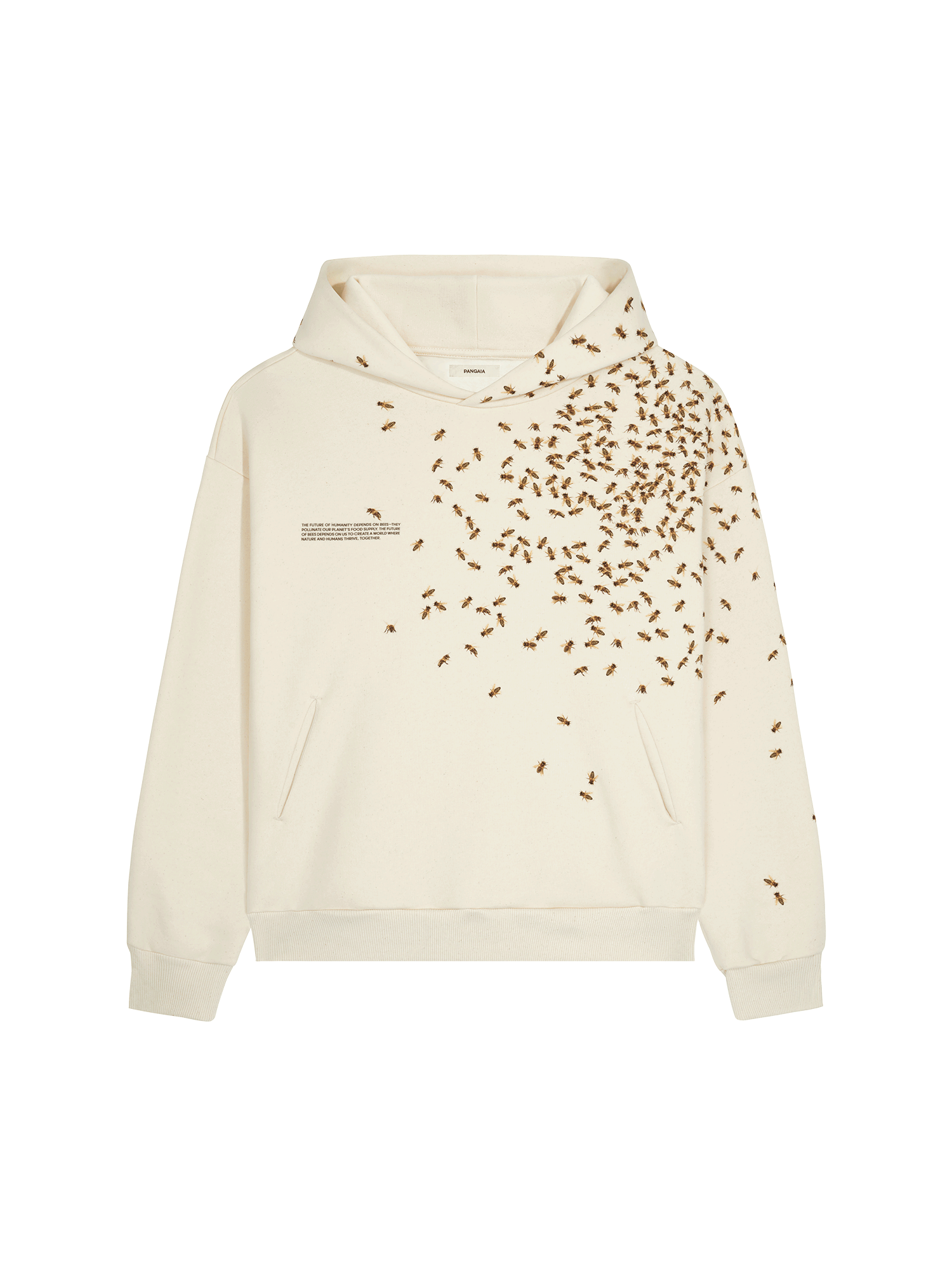 Undyed Mens Archive Bee The Change Hoodie packshot. Heavyweight 420 GSM cotton, PPRMINT anti-odor, brown bee swarm print
