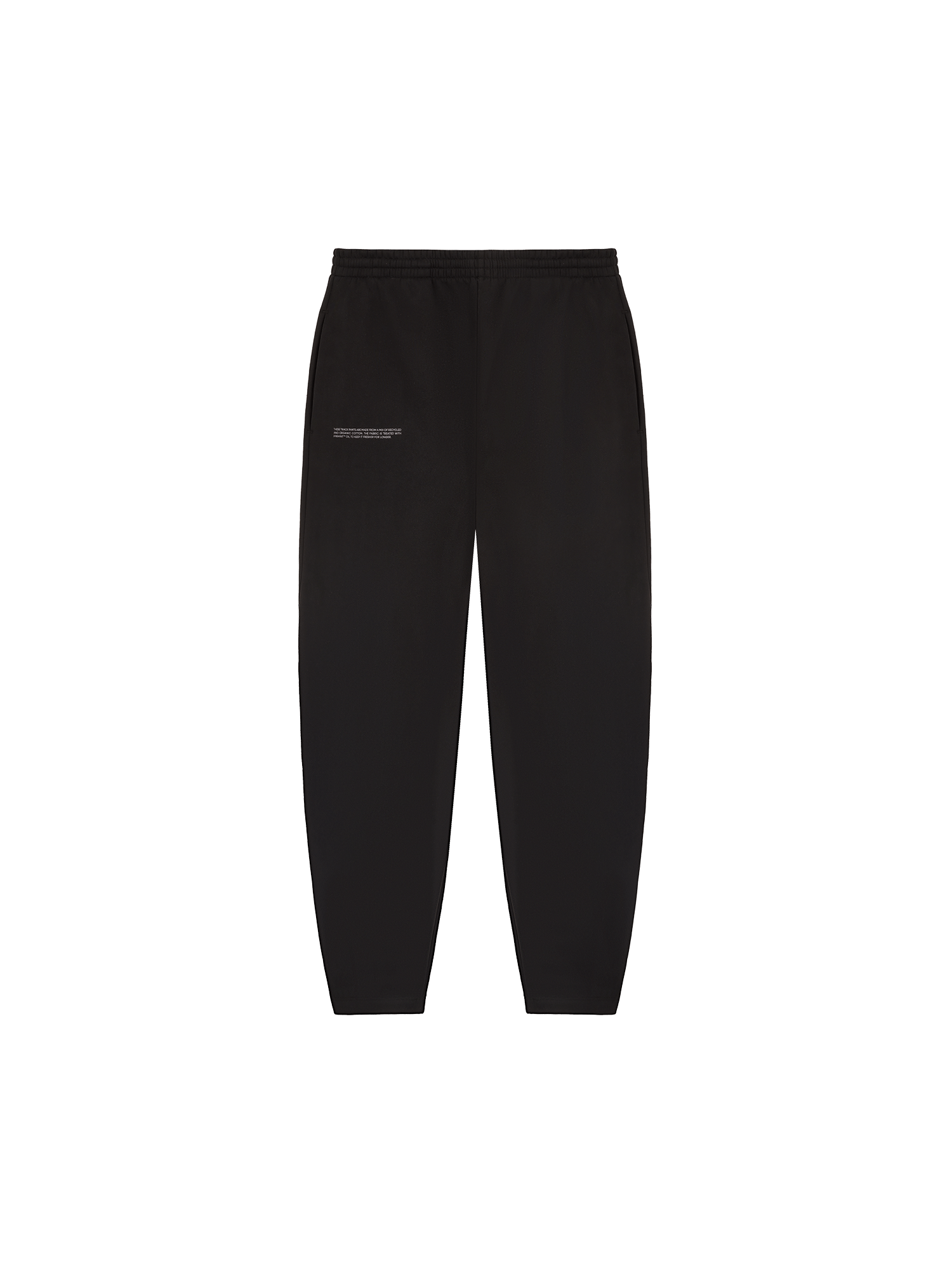Black unisex premium relaxed fit track pants packshot, elastic waist, side pockets, left leg text logo, recycled fabric blend