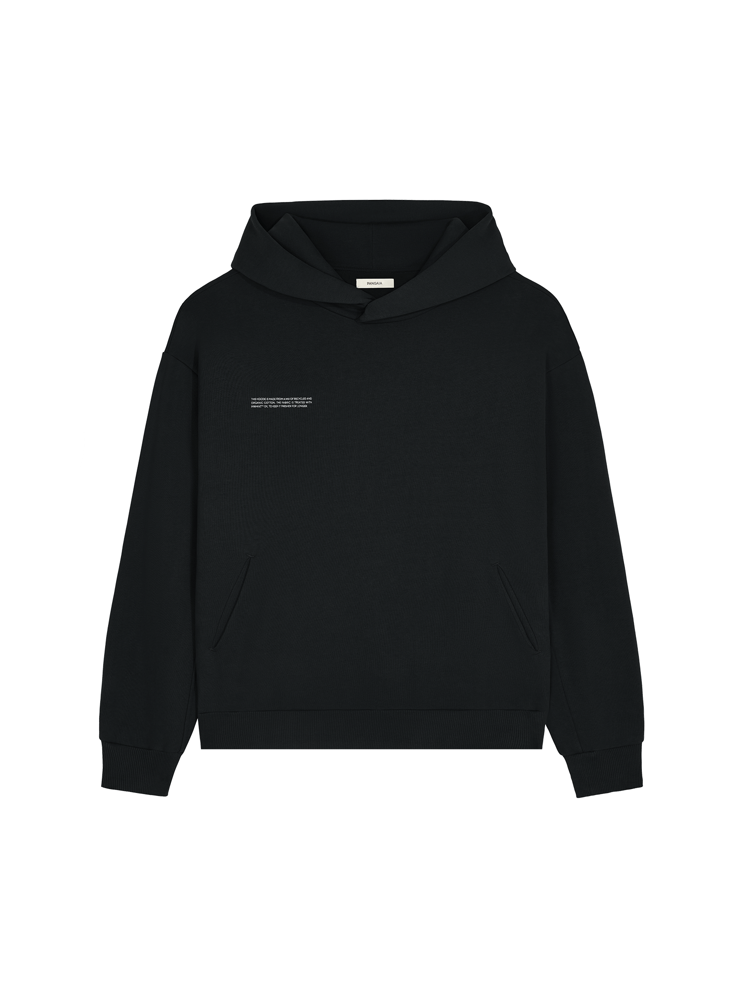 Black Pangaia recycled organic cotton hooded sweatshirt packshot. Relaxed fit pullover, ribbed cuffs and hem, kangaroo pocket