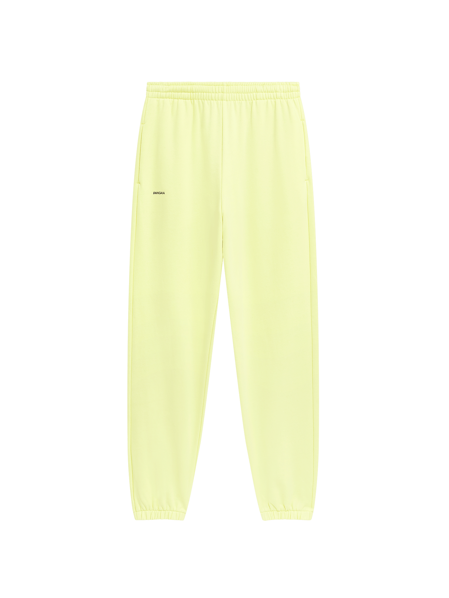 Heavyweight pale yellow PANGAIA cotton fleece sweatpants packshot. Relaxed fit joggers with elasticated waist, cuffs, side pockets