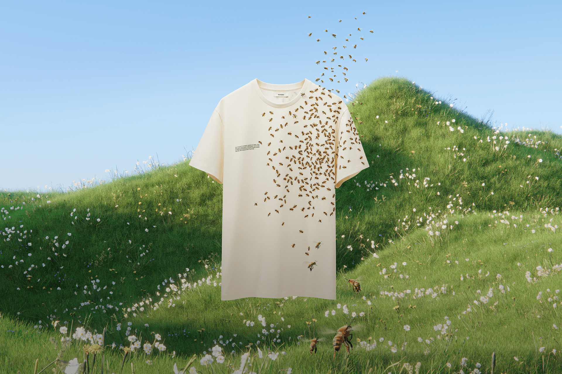Off-white cotton crew neck relaxed fit short sleeve t-shirt packshot with bee graphic print