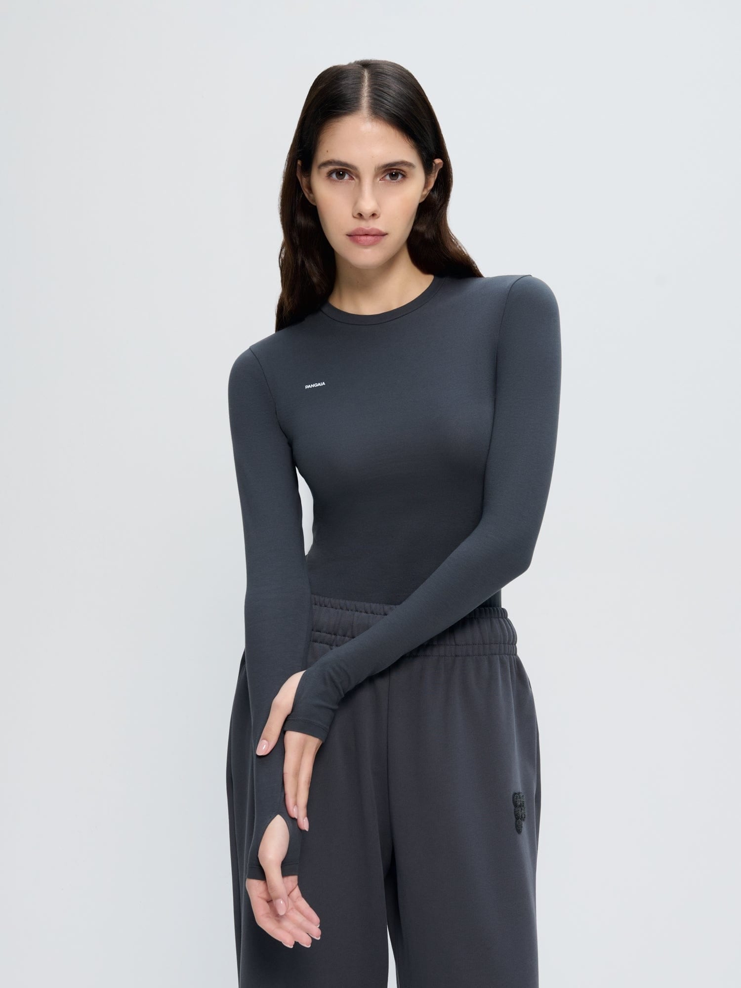 Womens Cotton-Stretch Long-Sleeved Top—Smoked Black
