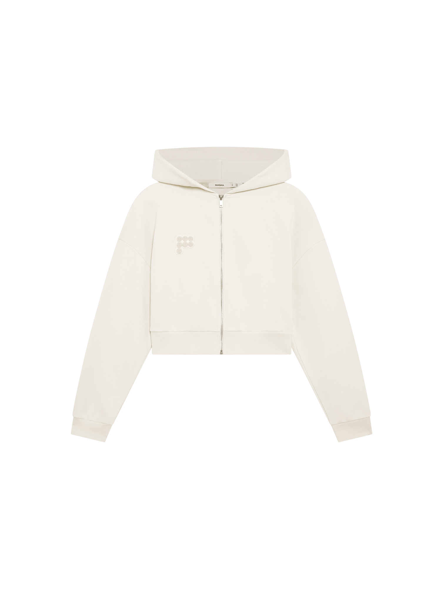 Womens Bone White Cropped Zip Up Hoodie packshot, 100% organic cotton, oversized fit, ribbed cuffs and hem