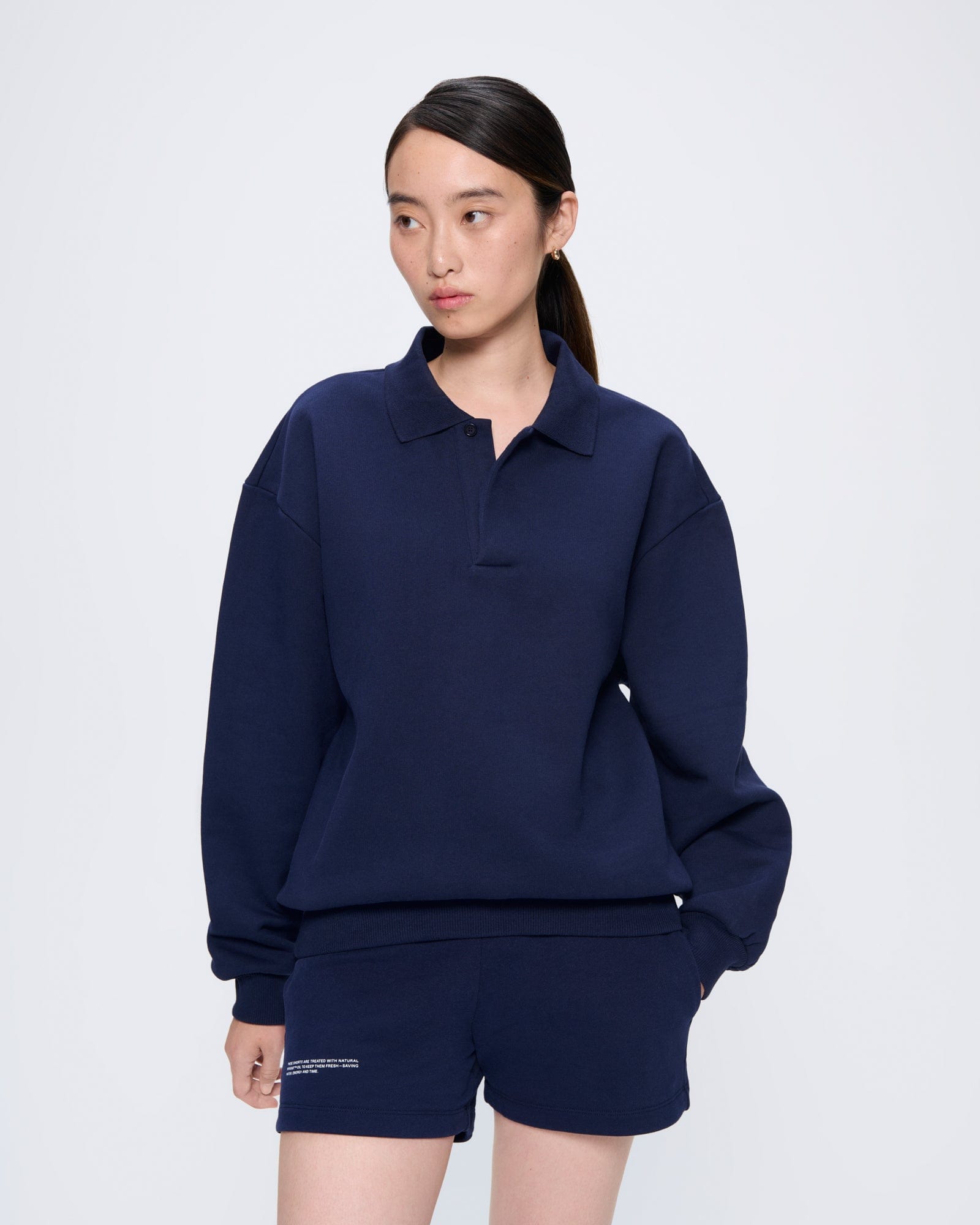 DNA_POLO_NECK_SWEATSHIRT_NAVY_365_MIDWEIGHT_SHORTS_NAVY_WOMENS_FRONT