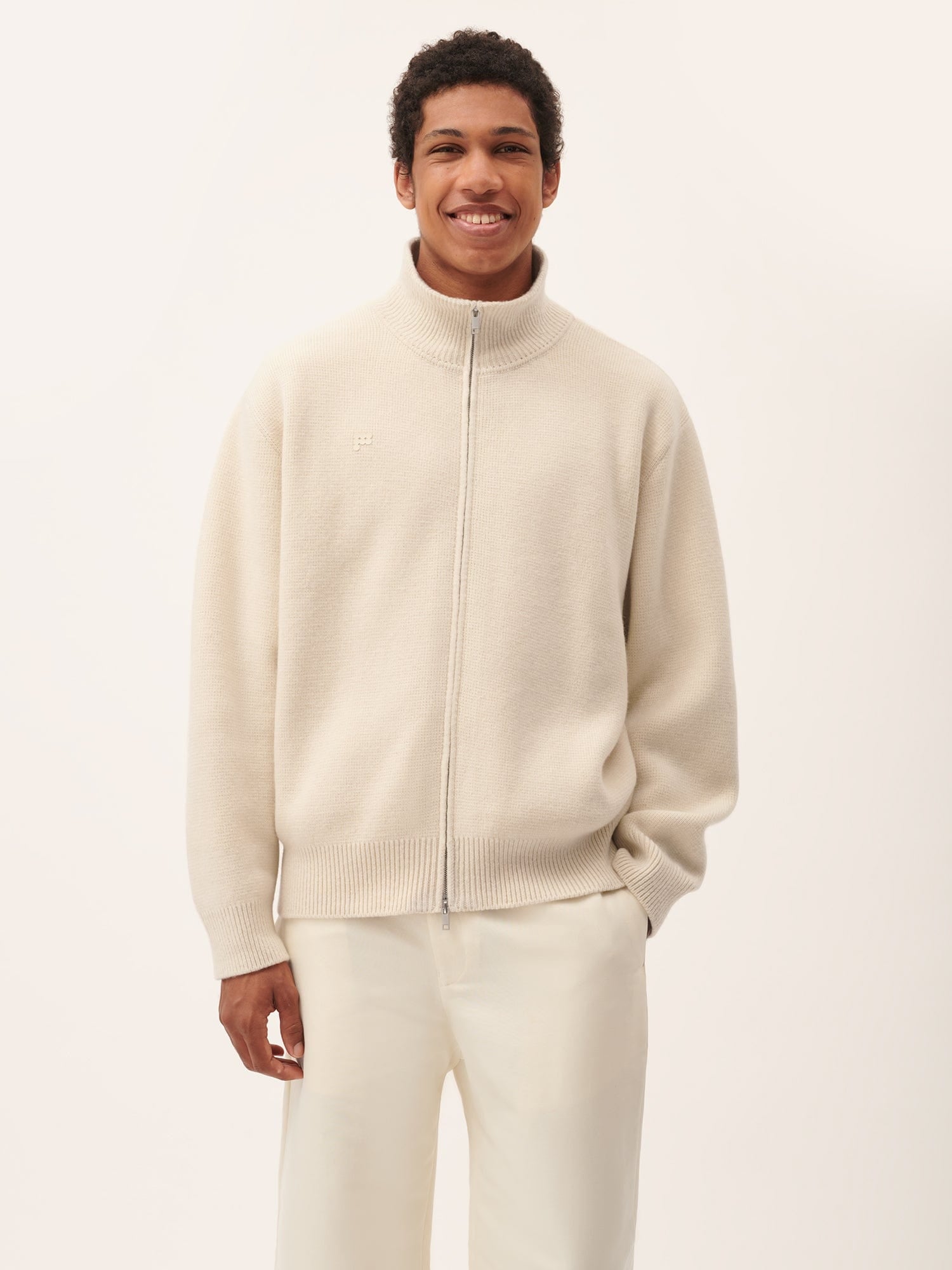 Mens DNA Recycled Cashmere Zip Up Sweater—ecru ivory