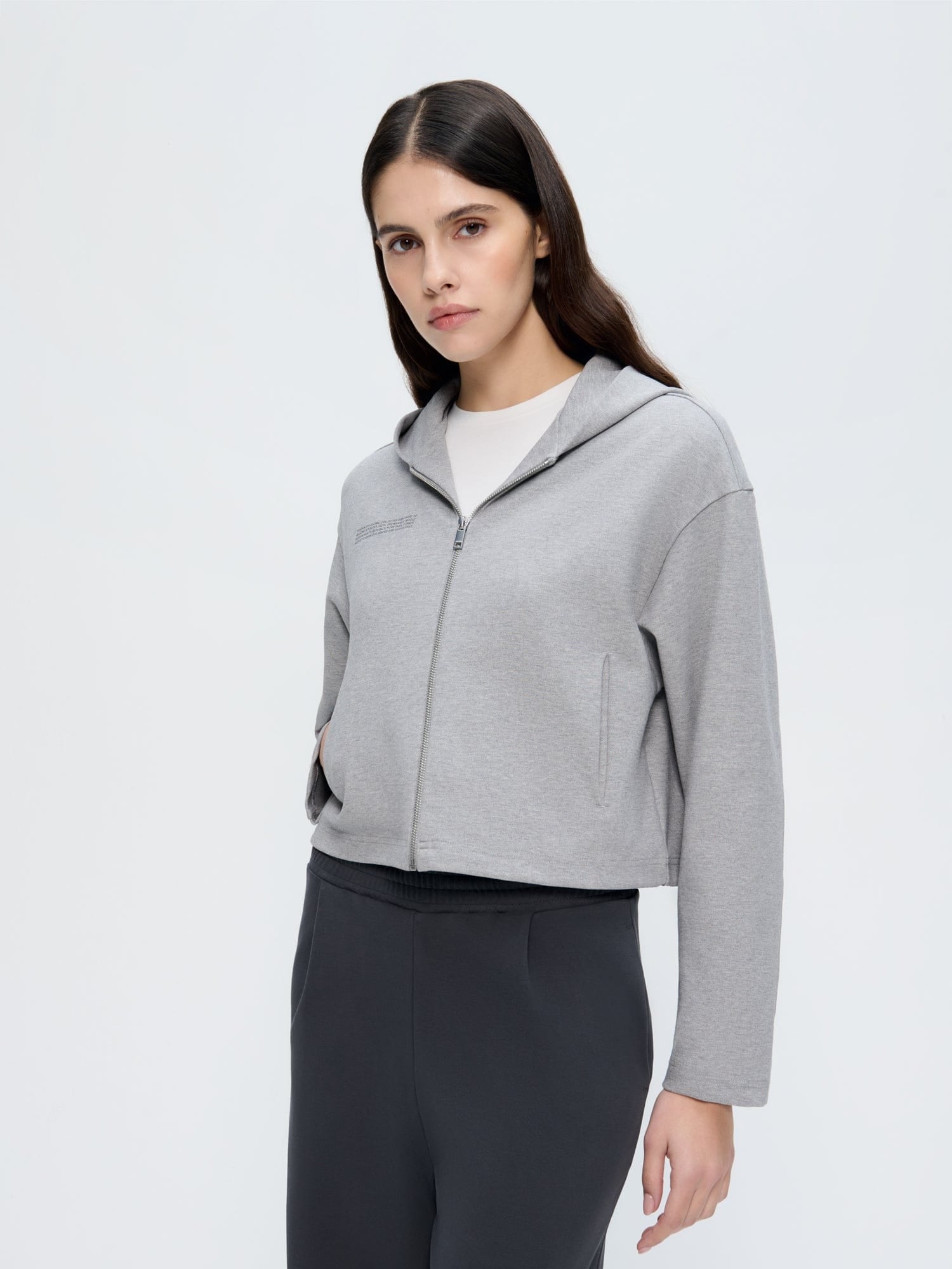 Womens Double Jersey Cropped Zip Up Hoodie—Grey Marl