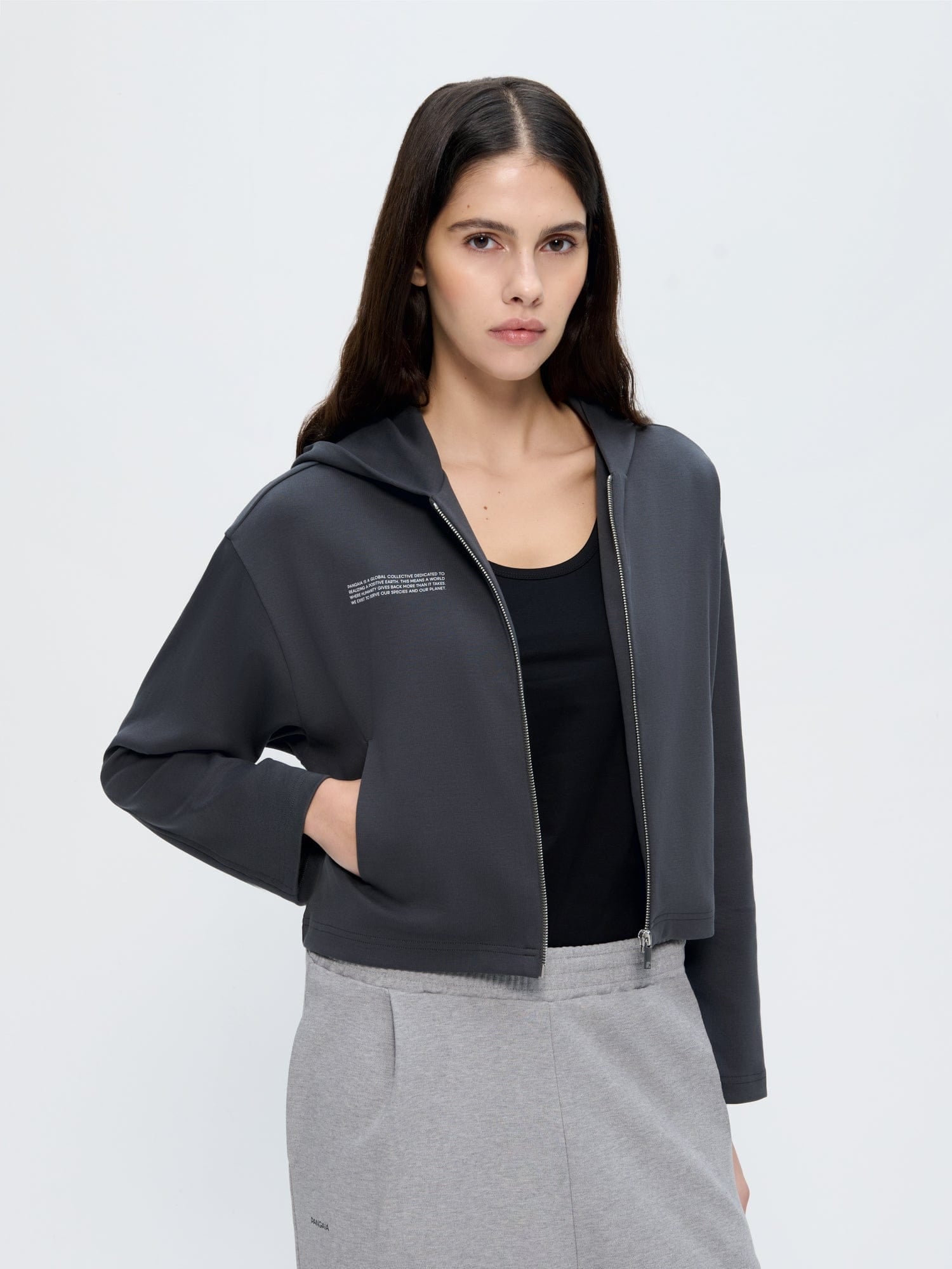 Womens Double Jersey Cropped Zip Up Hoodie—Smoked Black