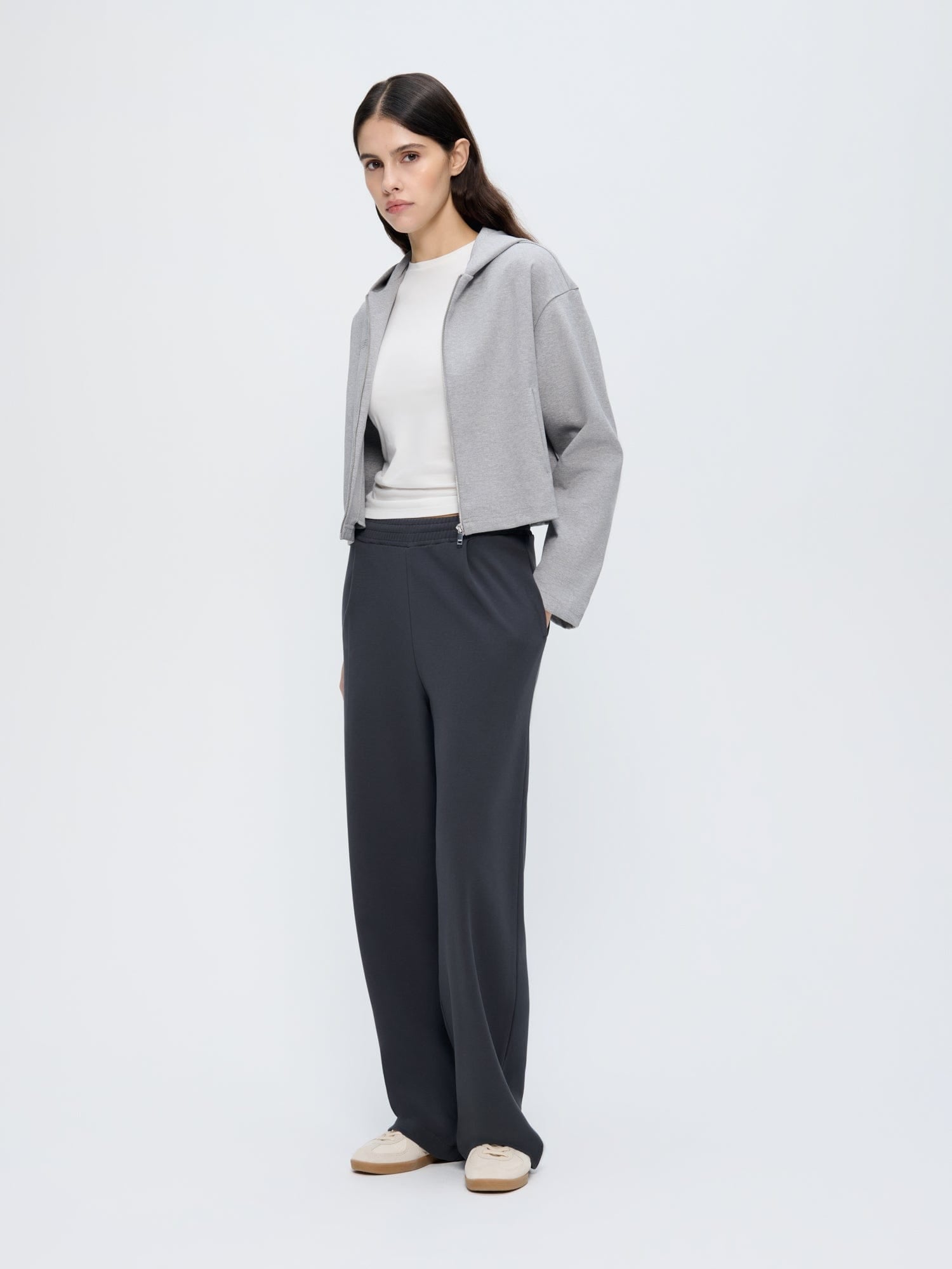 Womens Double Jersey Pleated Trousers—Smoked Black