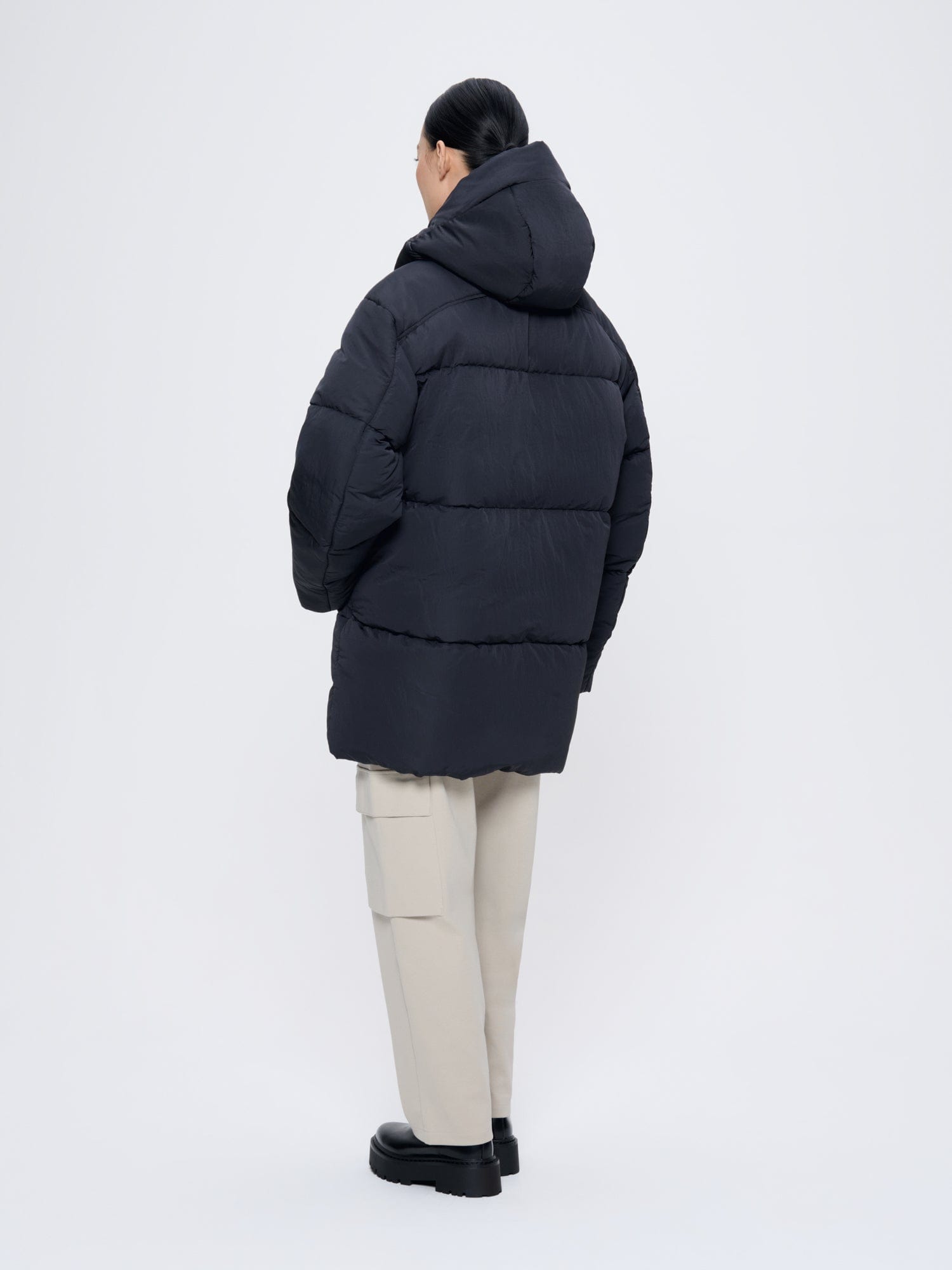 Womens Black Long Puffer Jacket | Flower-Warmth | PANGAIA