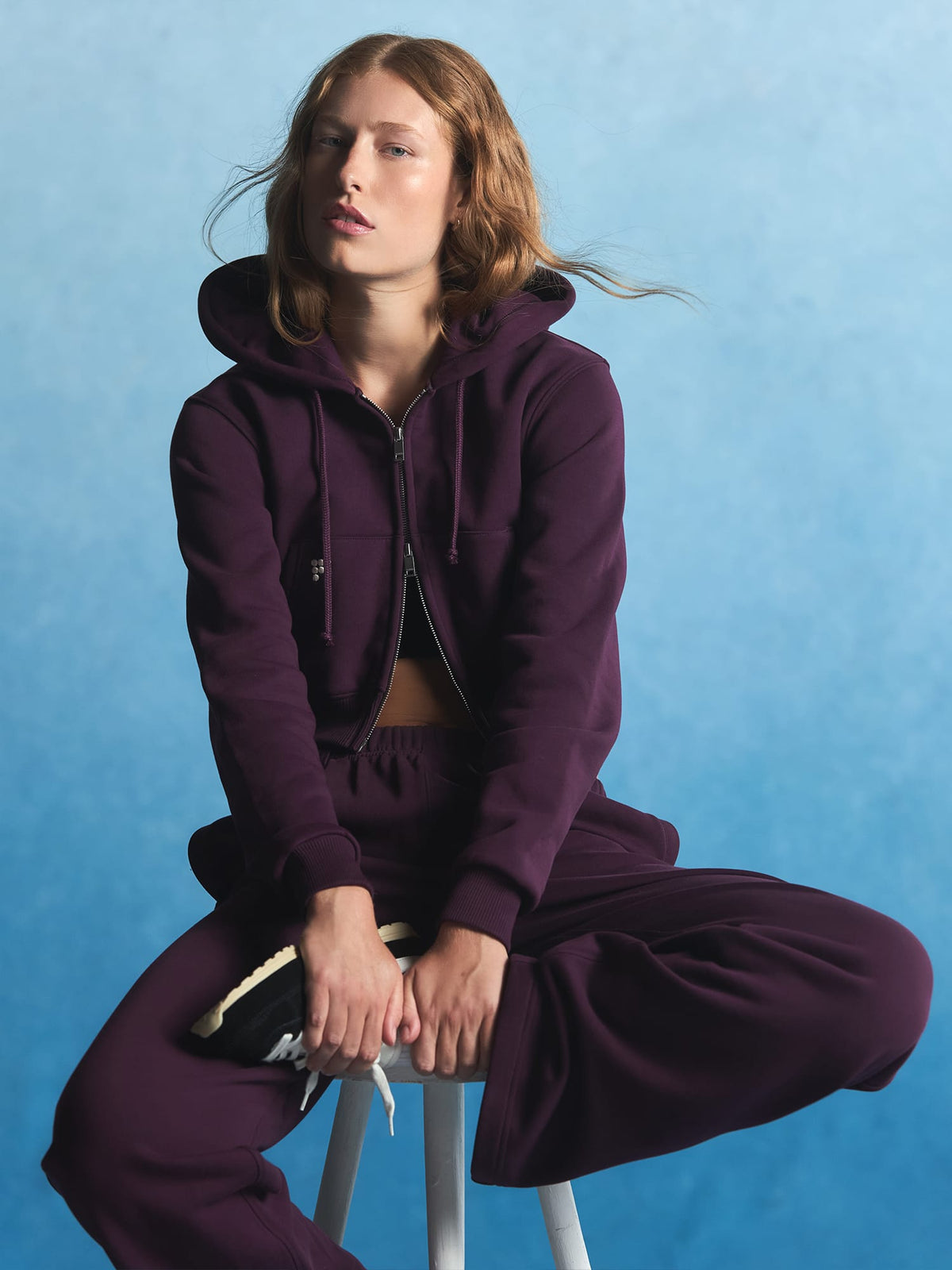 Womens Heavyweight Cropped Hoodie and Midweight Straight Leg Logo Track Pants Set—Nocturne Plum