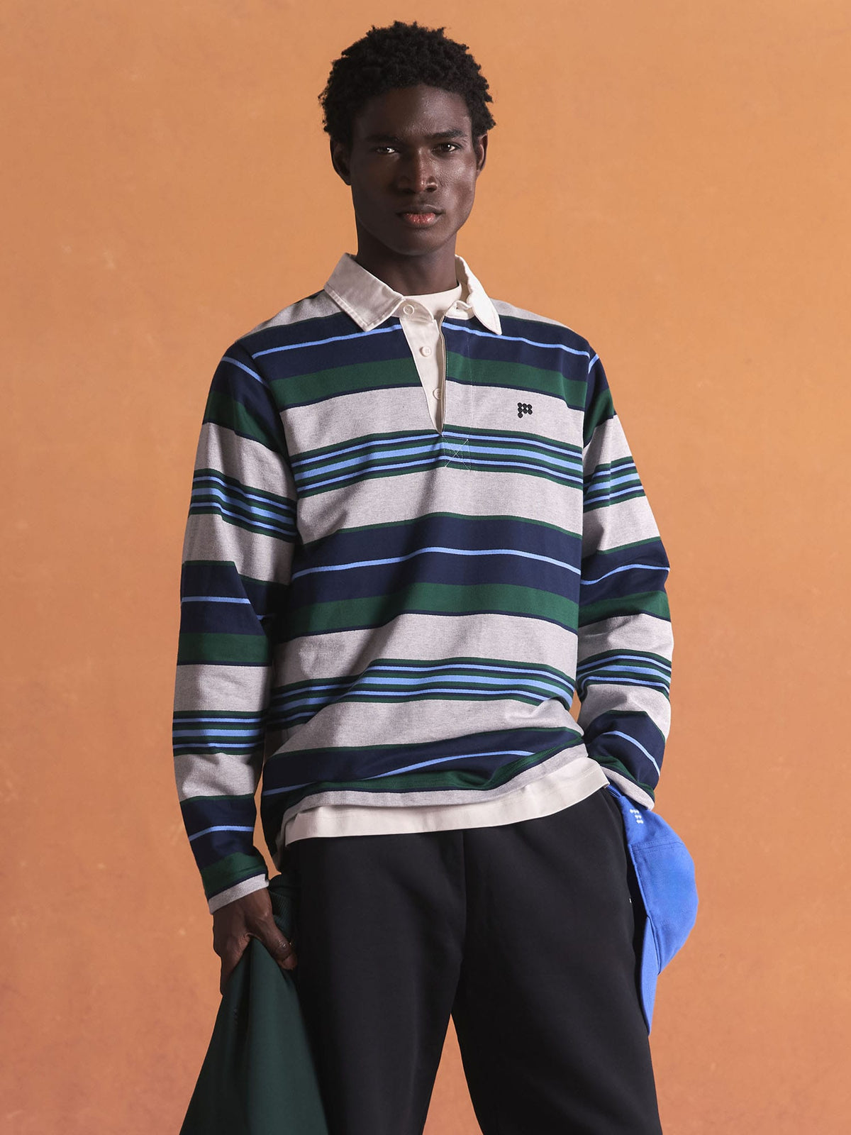 Mens Striped Rugby Polo Shirt—Depth Green Stripe