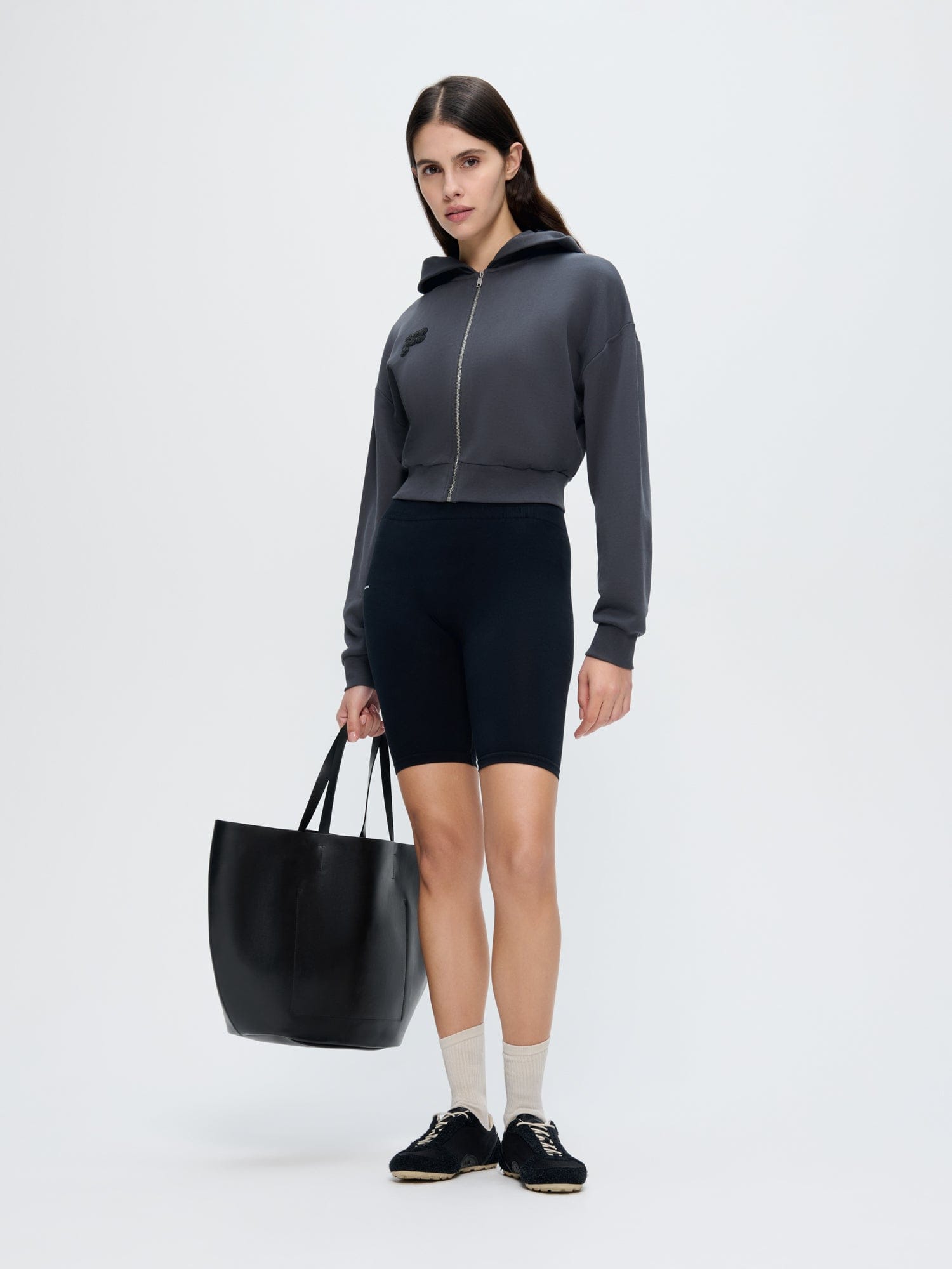 Womens Cropped Zip Up Hoodie—Smoked Black