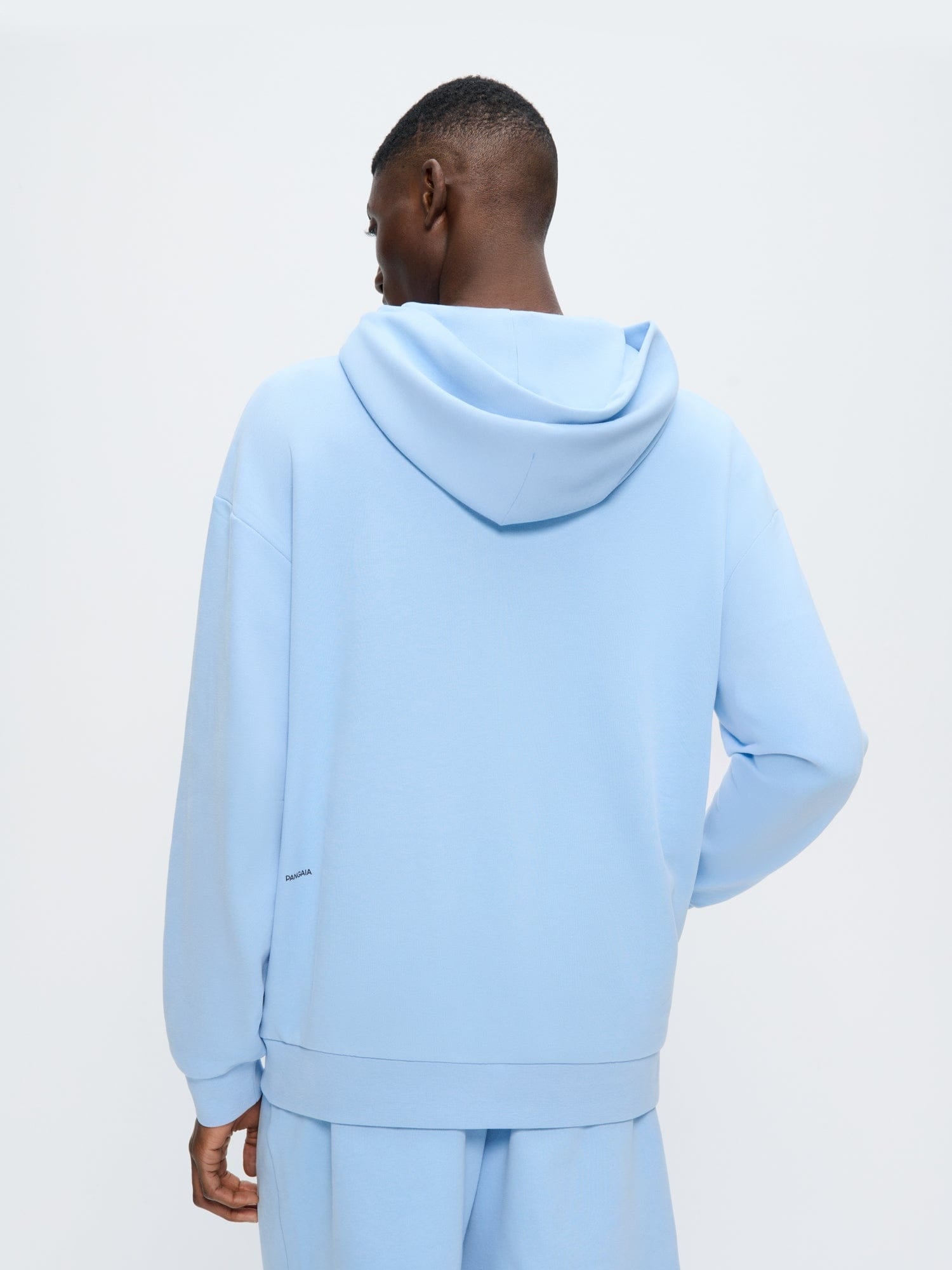 Mens 365 Midweight Hoodie Dewdrop Blue, 100% organic cotton, oversized boxy fit, hooded back view