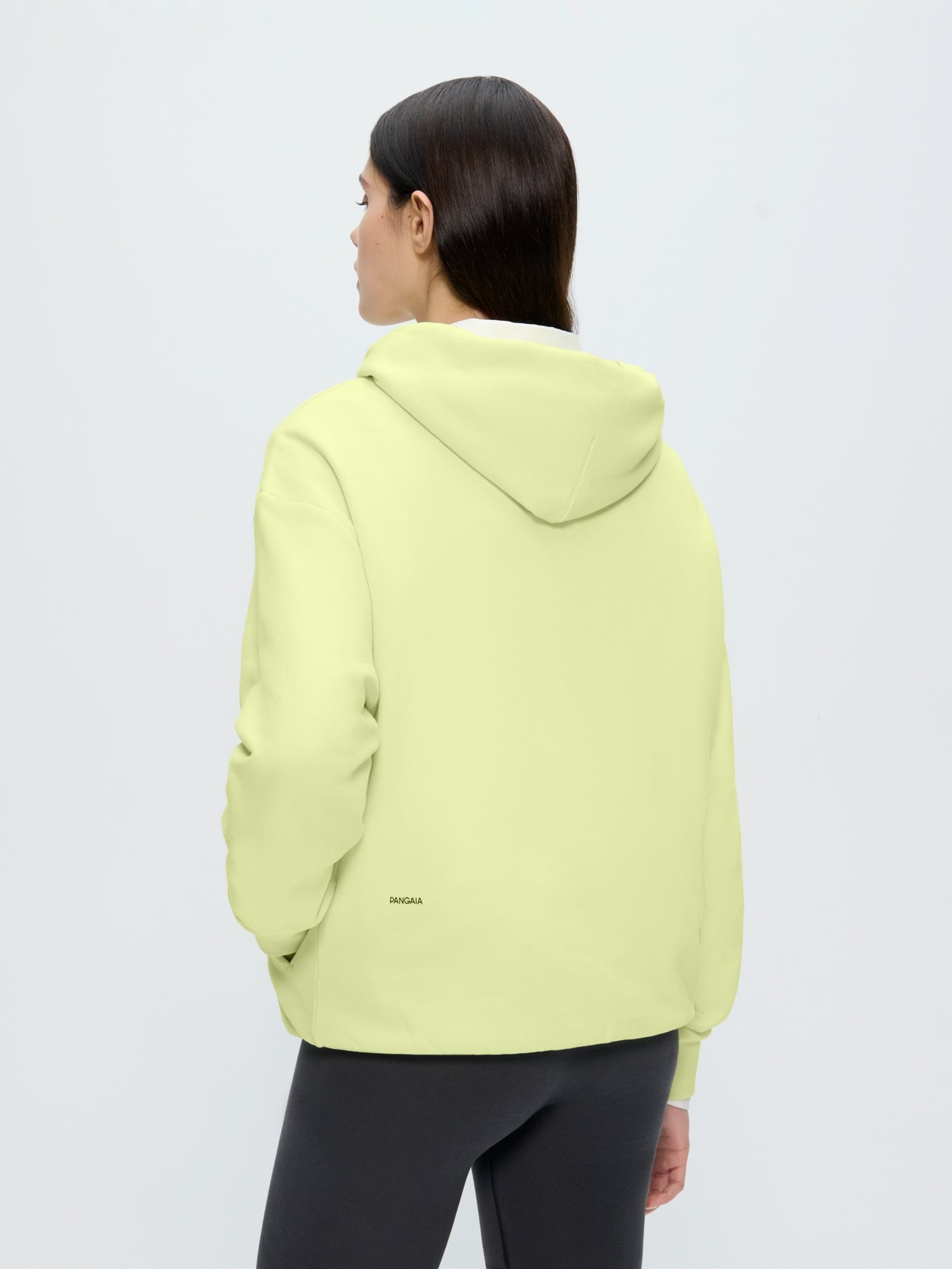 Womens 365 Midweight Hoodie Soft Lime, 100% organic cotton, oversized boxy fit, Pangaia logo, model back