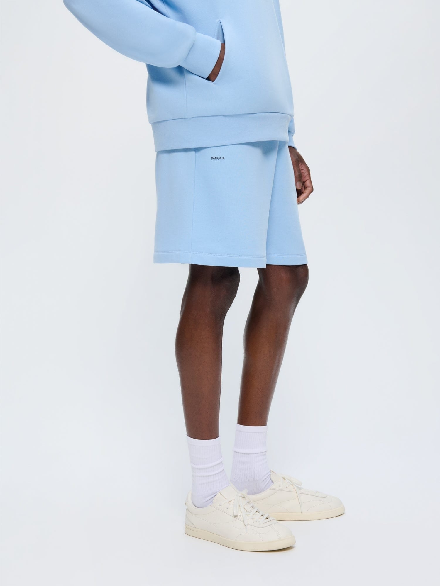 Mens 365 Midweight Mid Length Dewdrop Blue shorts. Organic cotton, regular fit, worn on model