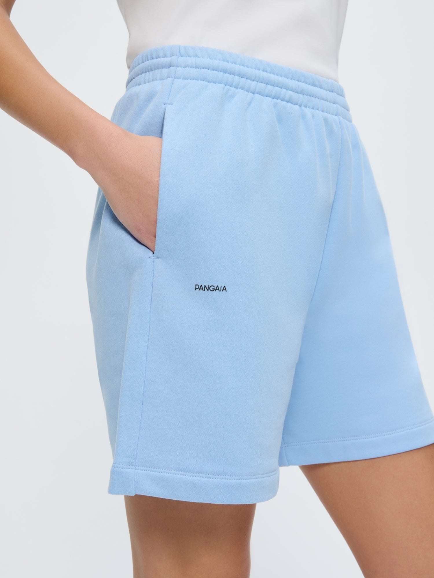 Womens Pangaia 365 Midweight Mid Length Shorts, Dewdrop Blue organic cotton, regular fit, hand in side pocket