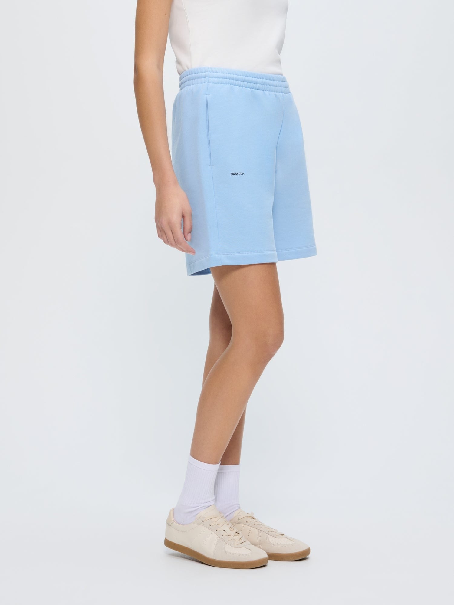 Womens 365 Midweight Mid Length Dewdrop Blue organic cotton shorts, regular fit, adjustable drawstrings, Pangaia logo