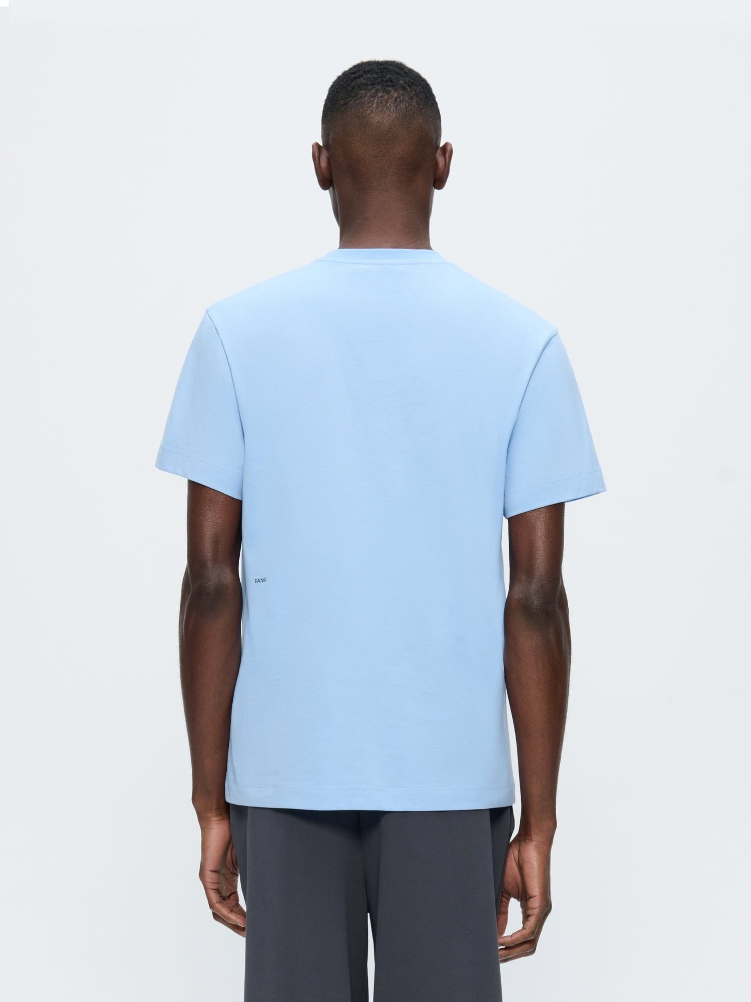 Mens 365 Midweight Dewdrop Blue T-shirt. Model back view, oversized boxy fit, 100% organic cotton, text block detail