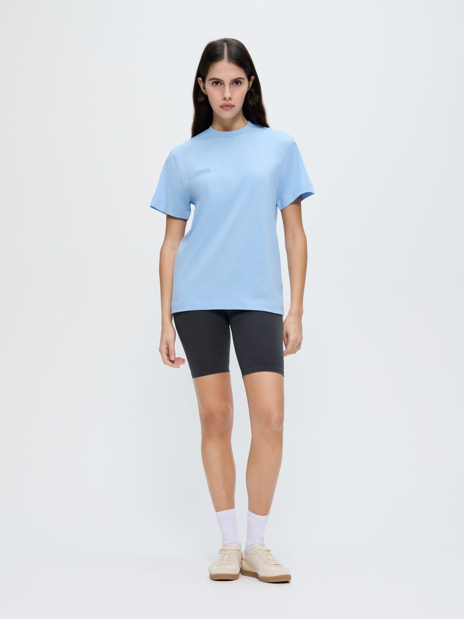 Womens 365 Midweight T-shirt Dewdrop Blue. Organic cotton, oversized boxy fit, crew neck, chest text block