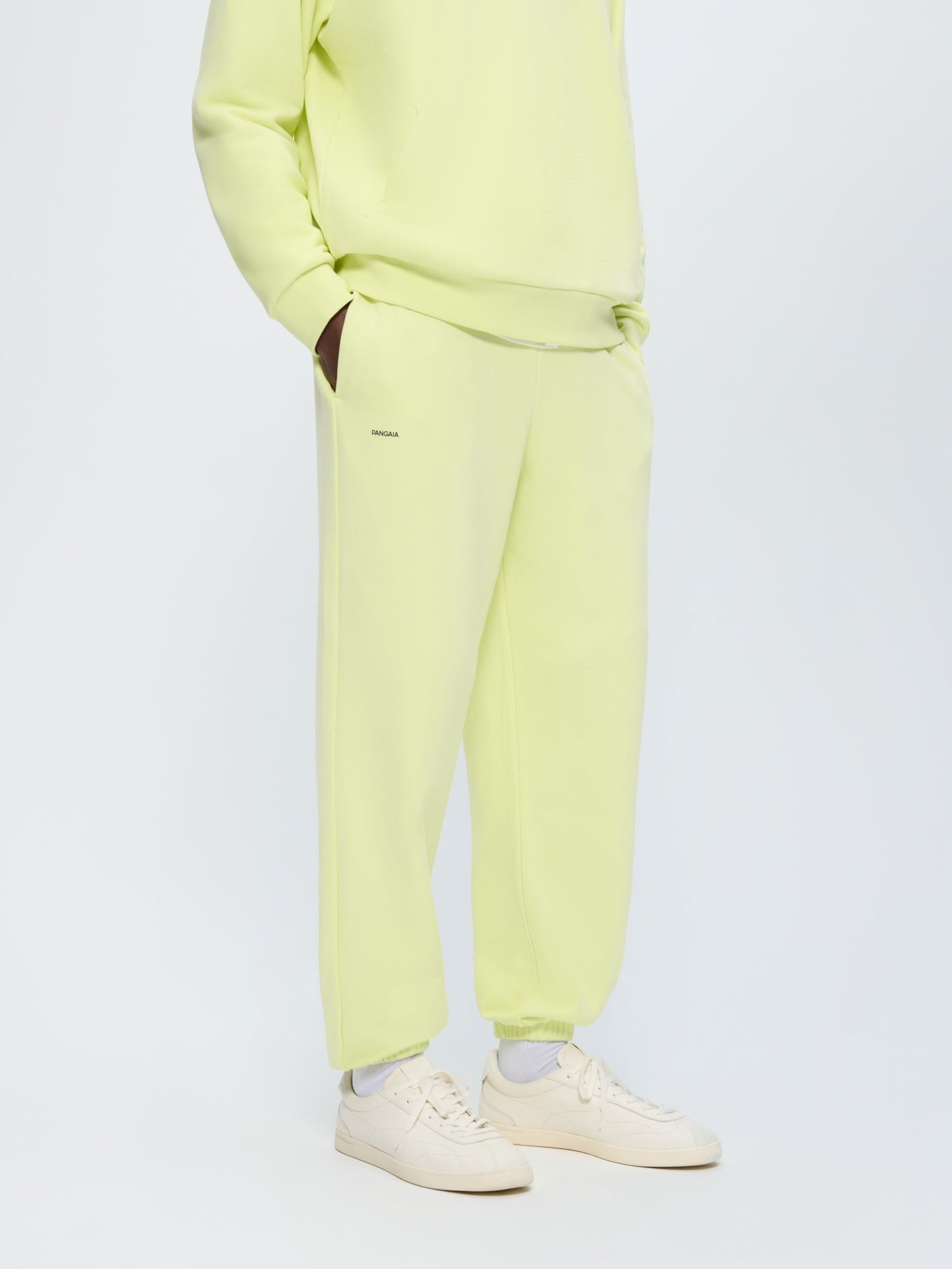 Mens 365 Midweight Soft Lime organic cotton track pants. Loose, oversized fit with cuffed ankles and side pockets