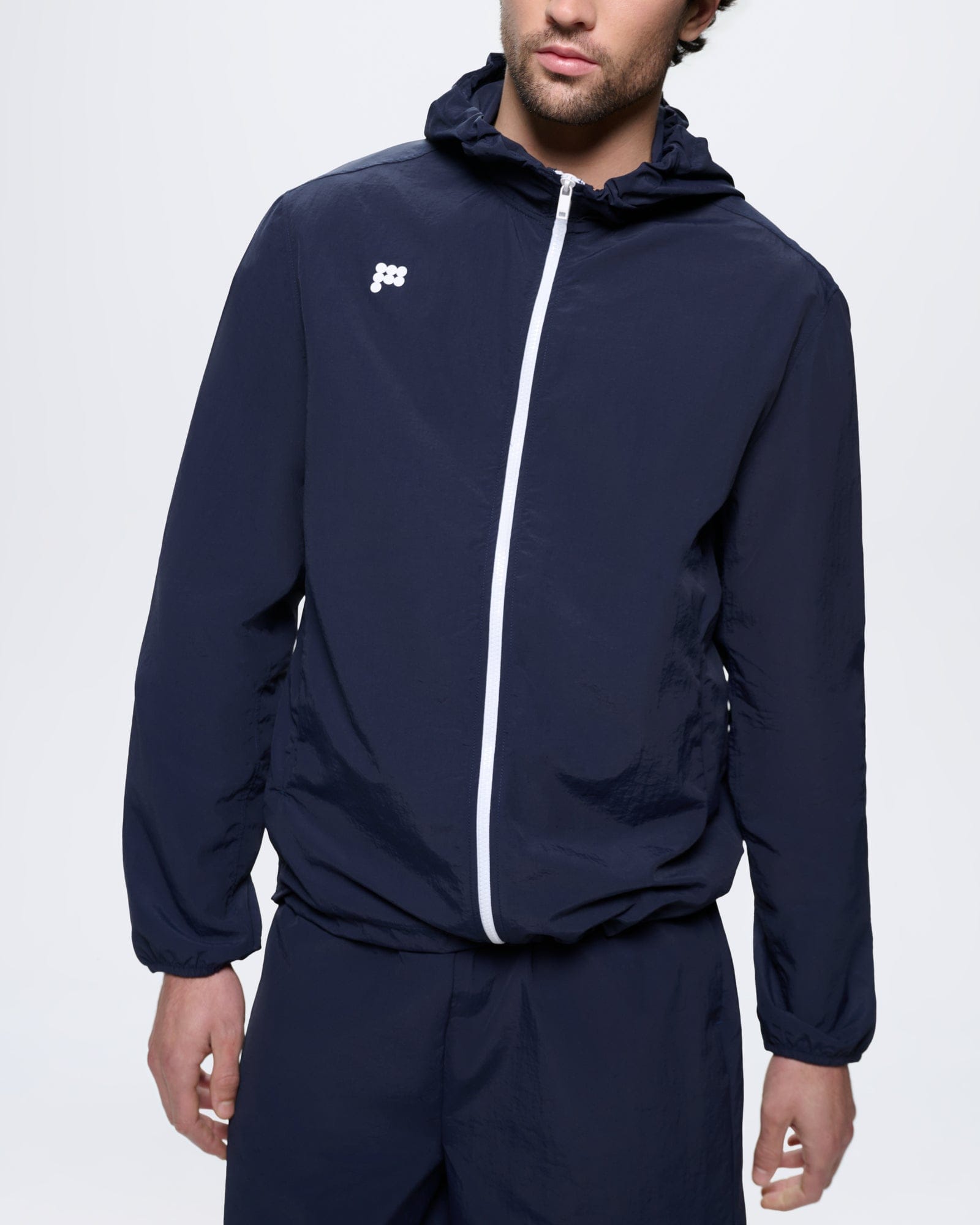 Mens Granite Navy recycled polyamide hooded zip-up jacket, regular fit, lightweight, white zipper