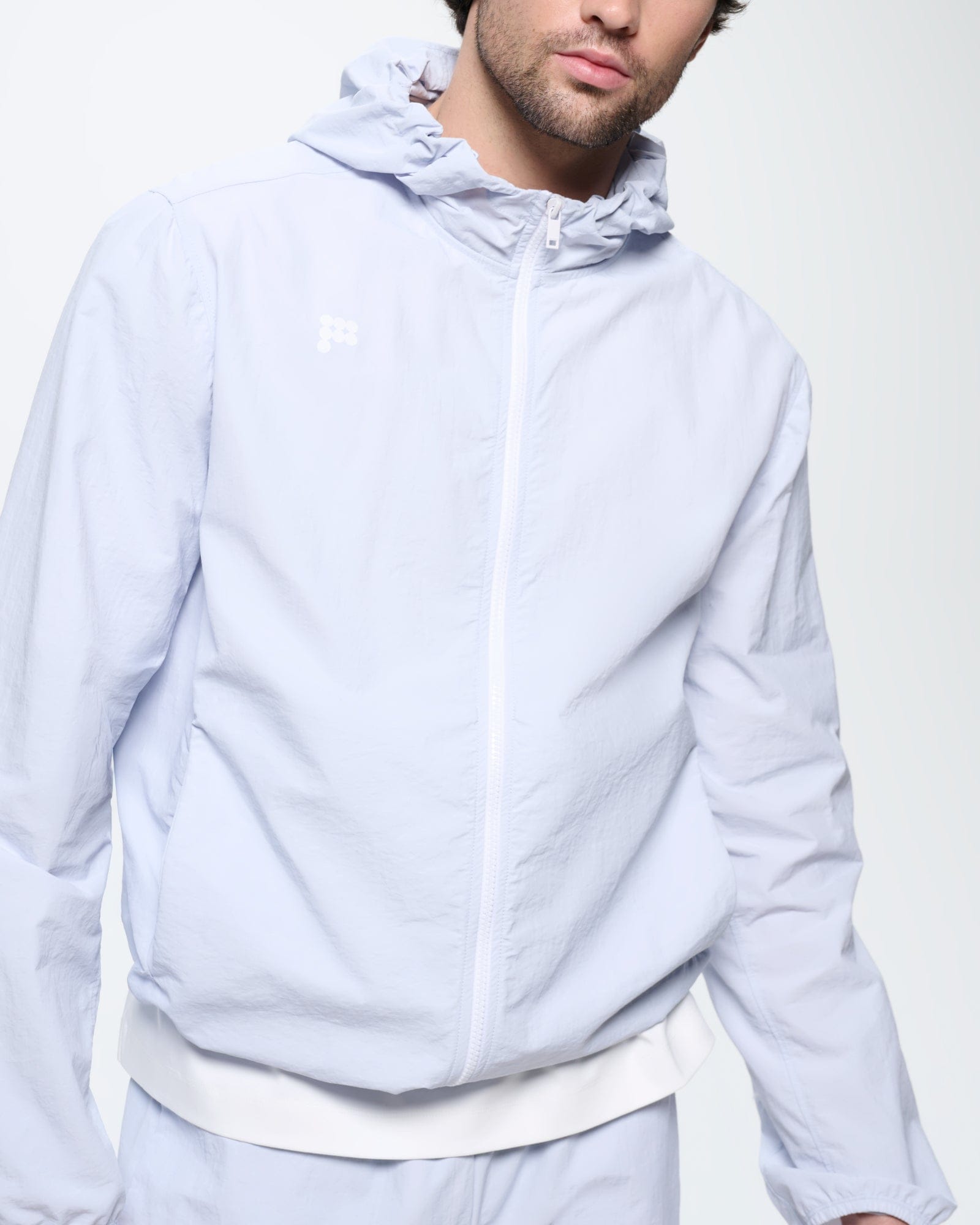 Mens Ice Grey Recycled Nylon hooded zip up jacket, lightweight regular fit, white zipper & chest logo