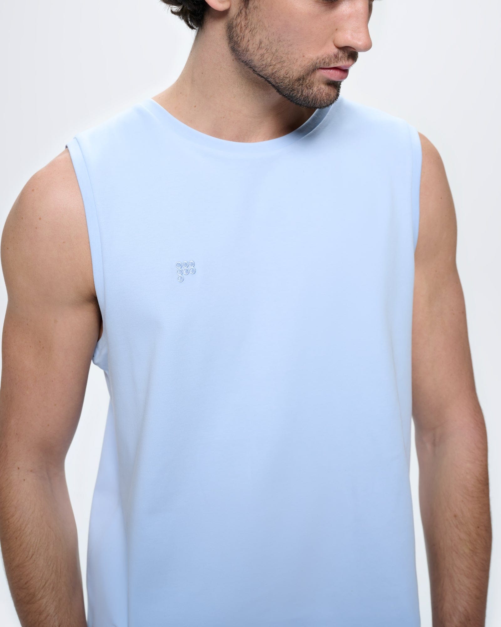 Mens Sleeveless T-Shirt—Wildflower Blue