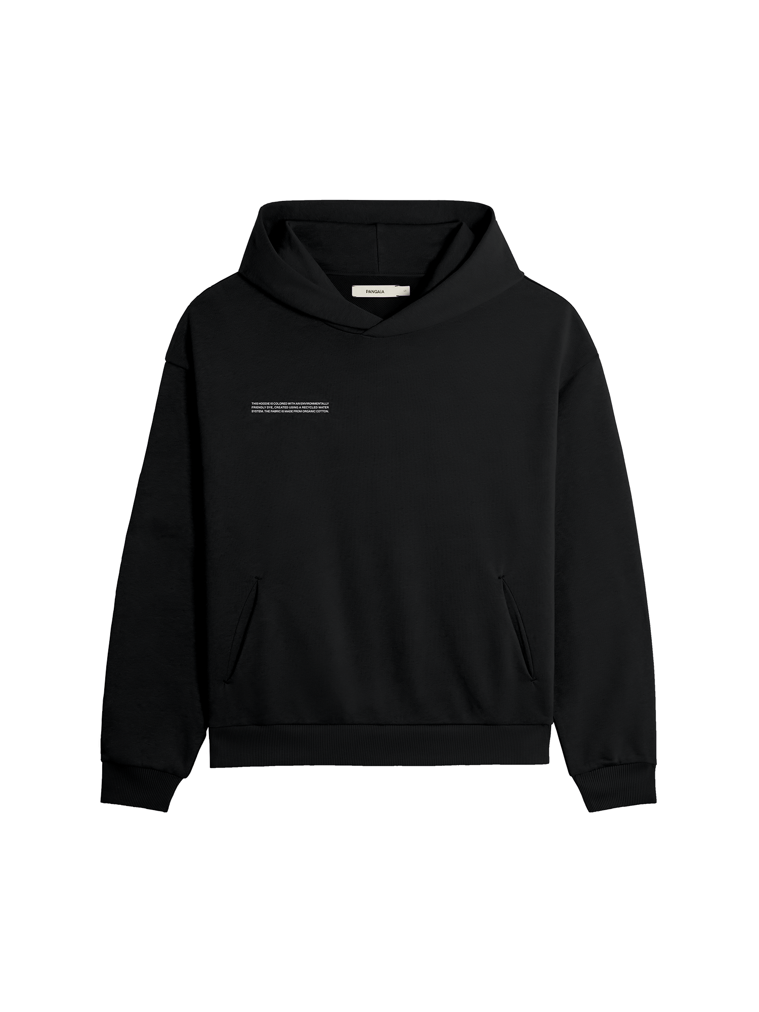 Pangaia black organic cotton relaxed fit hoodie packshot premium hooded sweatshirt with kangaroo pocket and ribbed cuffs