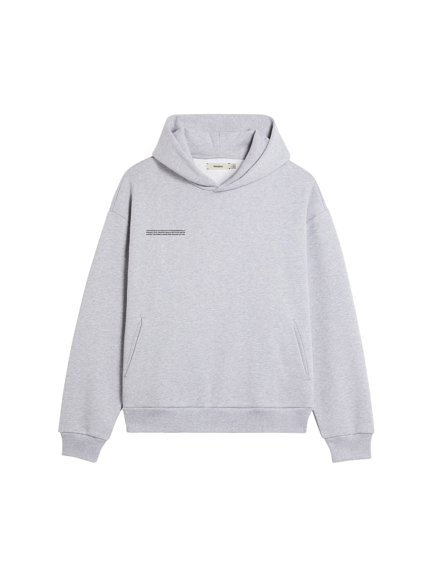 Pangaia heather grey organic cotton relaxed fit pullover hoodie packshot with kangaroo pocket, ribbed cuffs & hem
