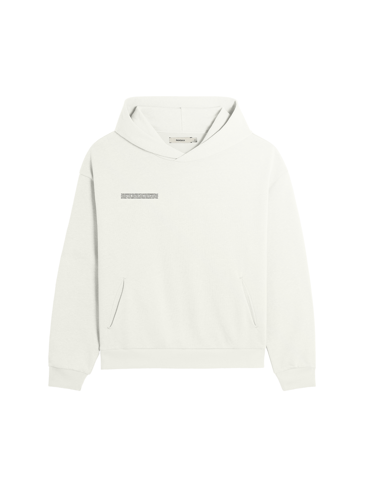 Off-white Pangaia organic cotton relaxed fit pullover hoodie packshot with front kangaroo pocket, ribbed cuffs and hem