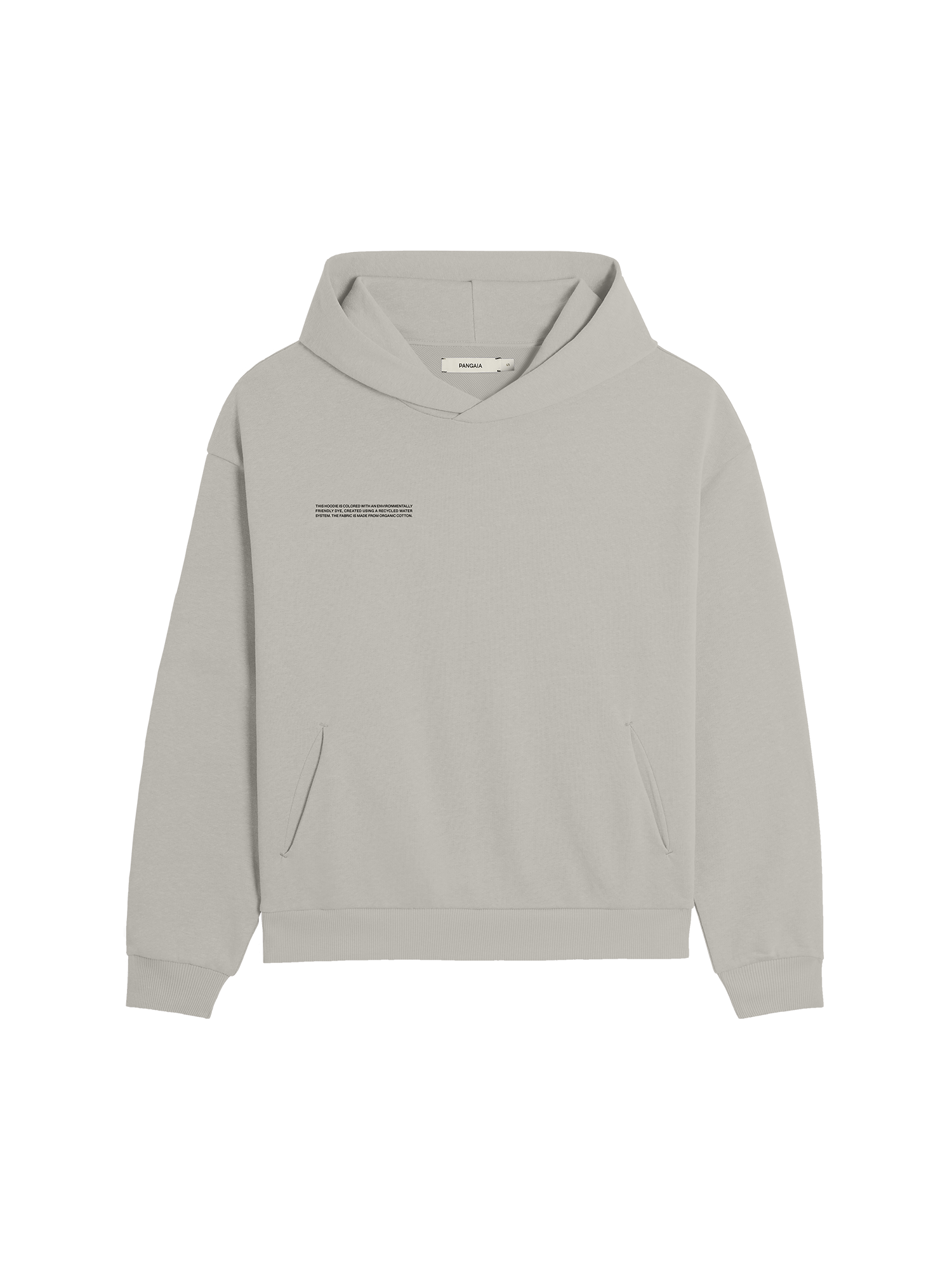 Pangaia heavyweight organic cotton light grey pullover hoodie packshot with relaxed fit and kangaroo pocket