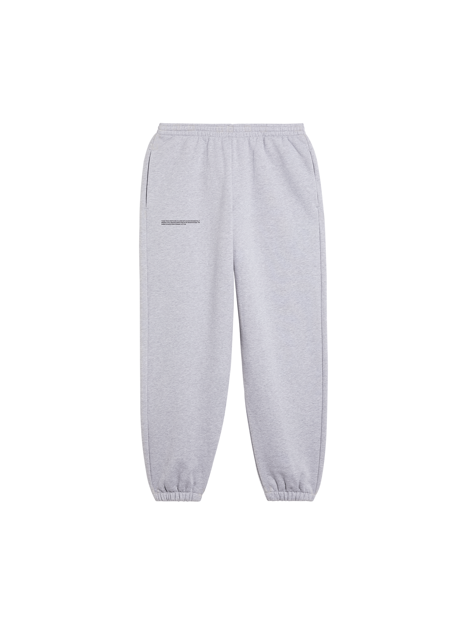 Light grey organic cotton track pants packshot. Relaxed fit joggers with elasticated waist, ribbed cuffs, and side pockets