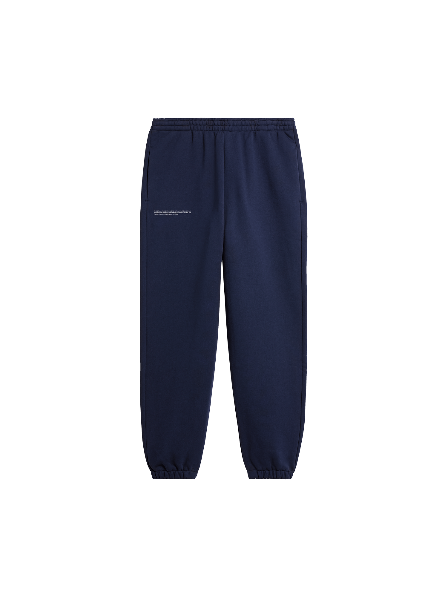 Navy blue organic cotton fleece sweatpants, relaxed fit, elasticated waist and ribbed cuffs packshot