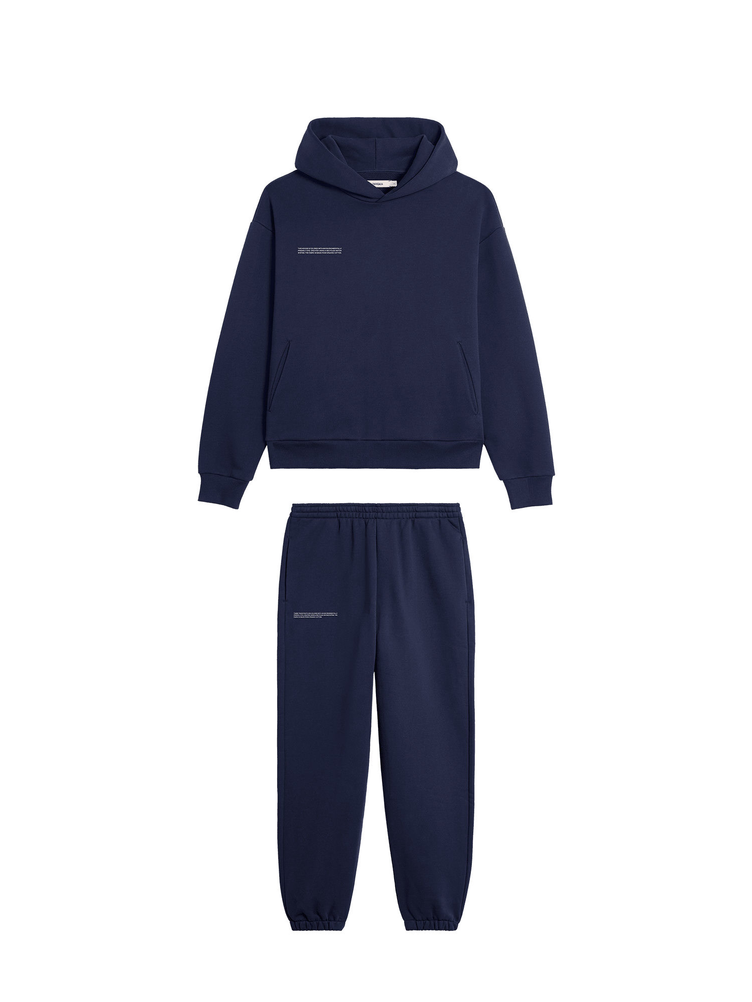 Navy blue cotton blend relaxed fit hoodie with kangaroo pocket and drawstring hood, matching sweatpants, packshot