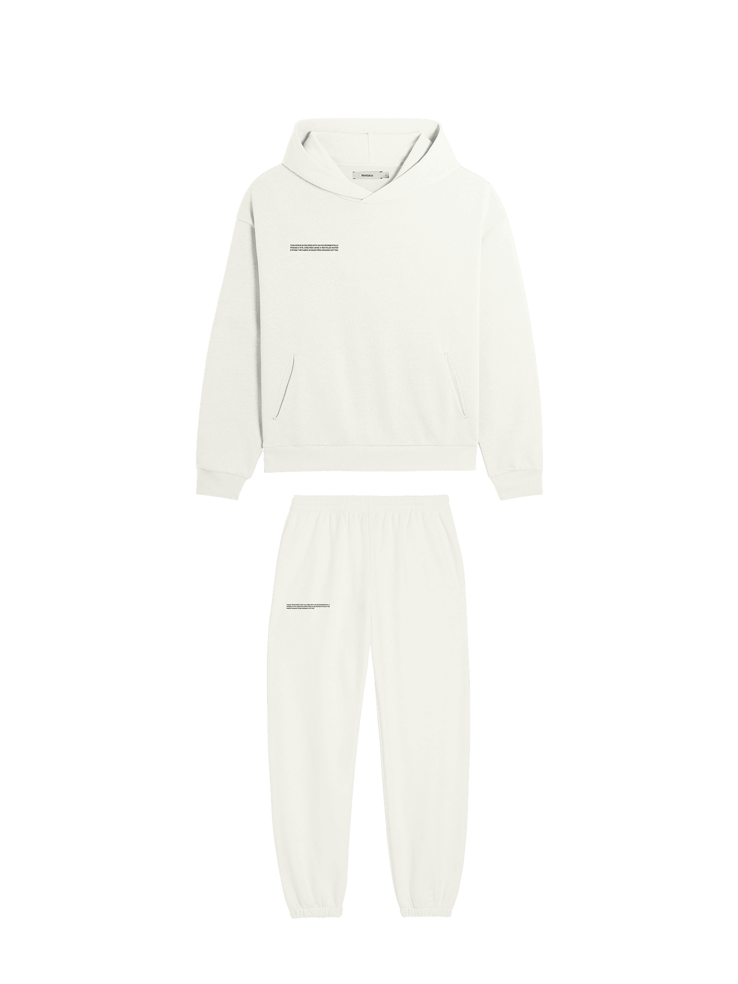 Off-white heavyweight cotton fleece hoodie and matching jogger sweatpants set. Relaxed fit loungewear packshot