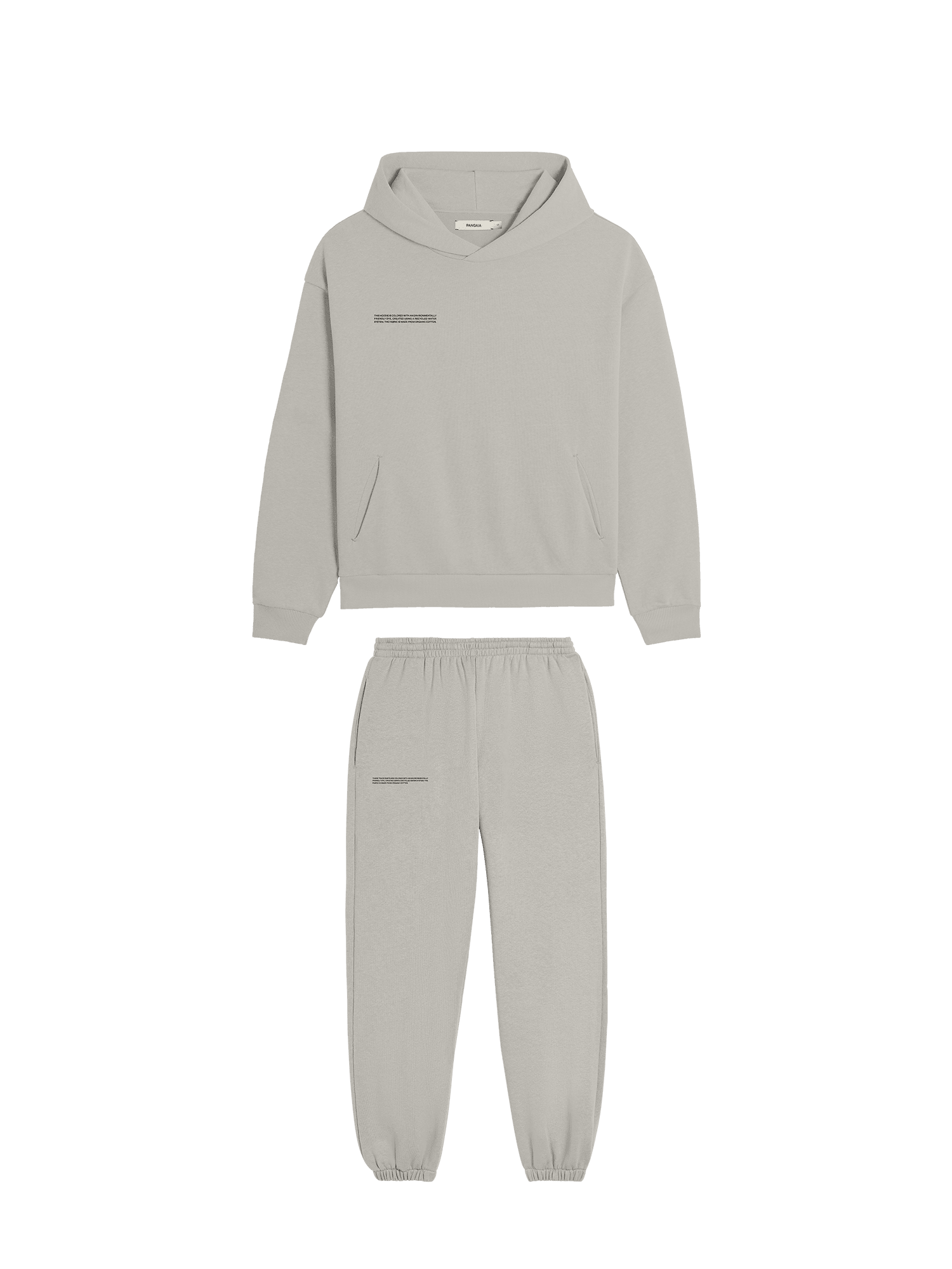 Greige cotton Pangaia relaxed fit hoodie & sweatpants set packshot. Pullover, pouch pocket hoodie, joggers with elastic waist & cuffs