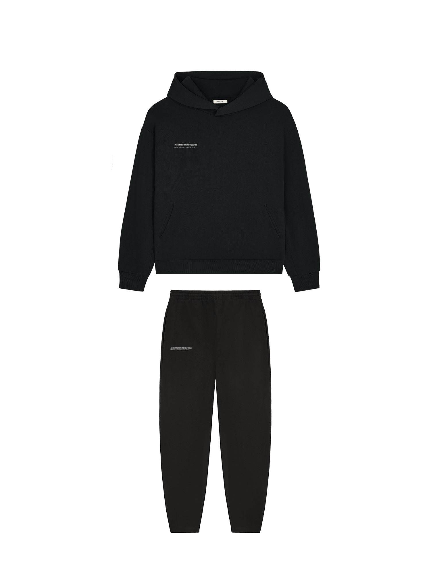 Black oversized fleece hoodie and matching joggers tracksuit set, premium loungewear packshot