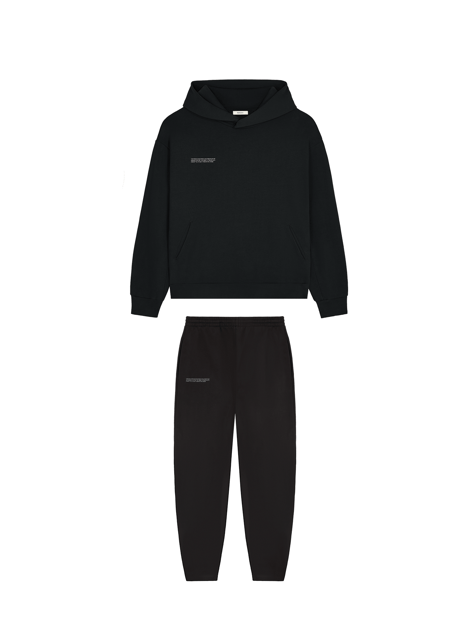 Black premium heavyweight fleece hoodie and matching jogger sweatpants loungewear set packshot