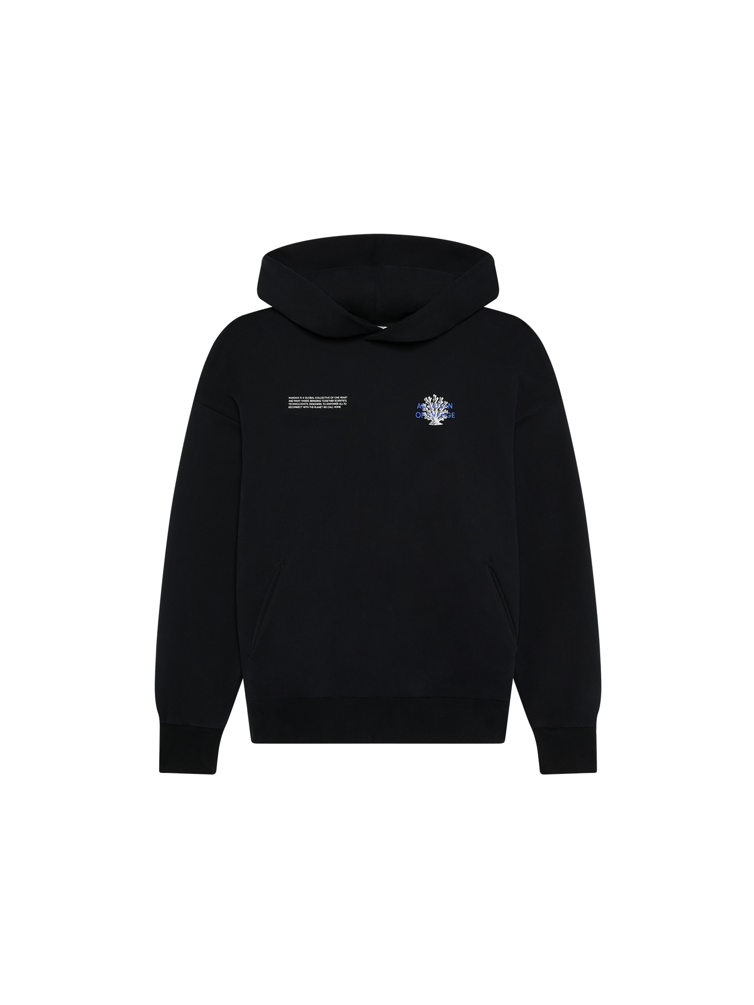 Womens Coral Gardeners Midweight Hoodie, black, packshot. Front view with white text print and blue/white coral graphic.