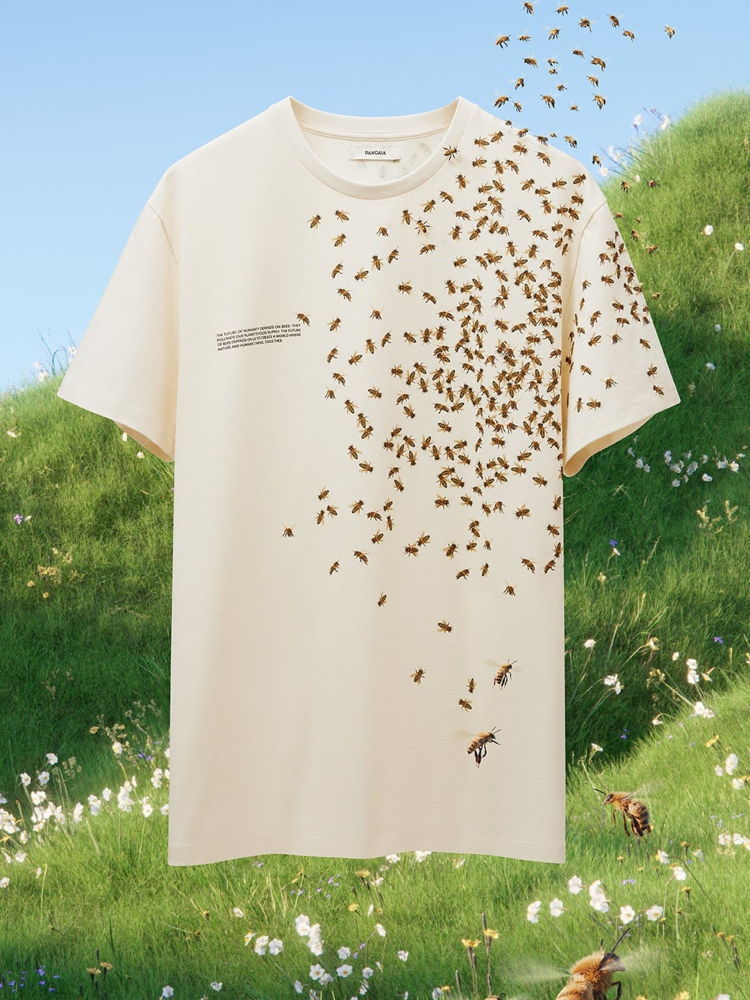 Pangaia ecru cotton relaxed fit crew neck t-shirt with detailed bee swarm print