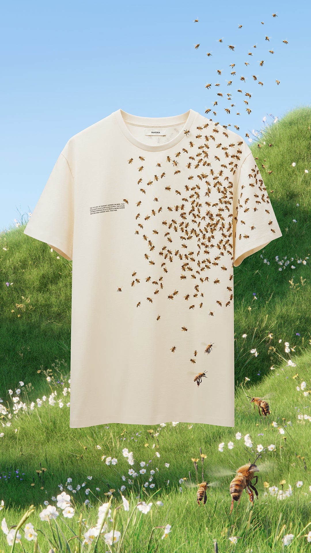 Pangaia ecru cotton relaxed fit crew neck t-shirt with detailed bee swarm print