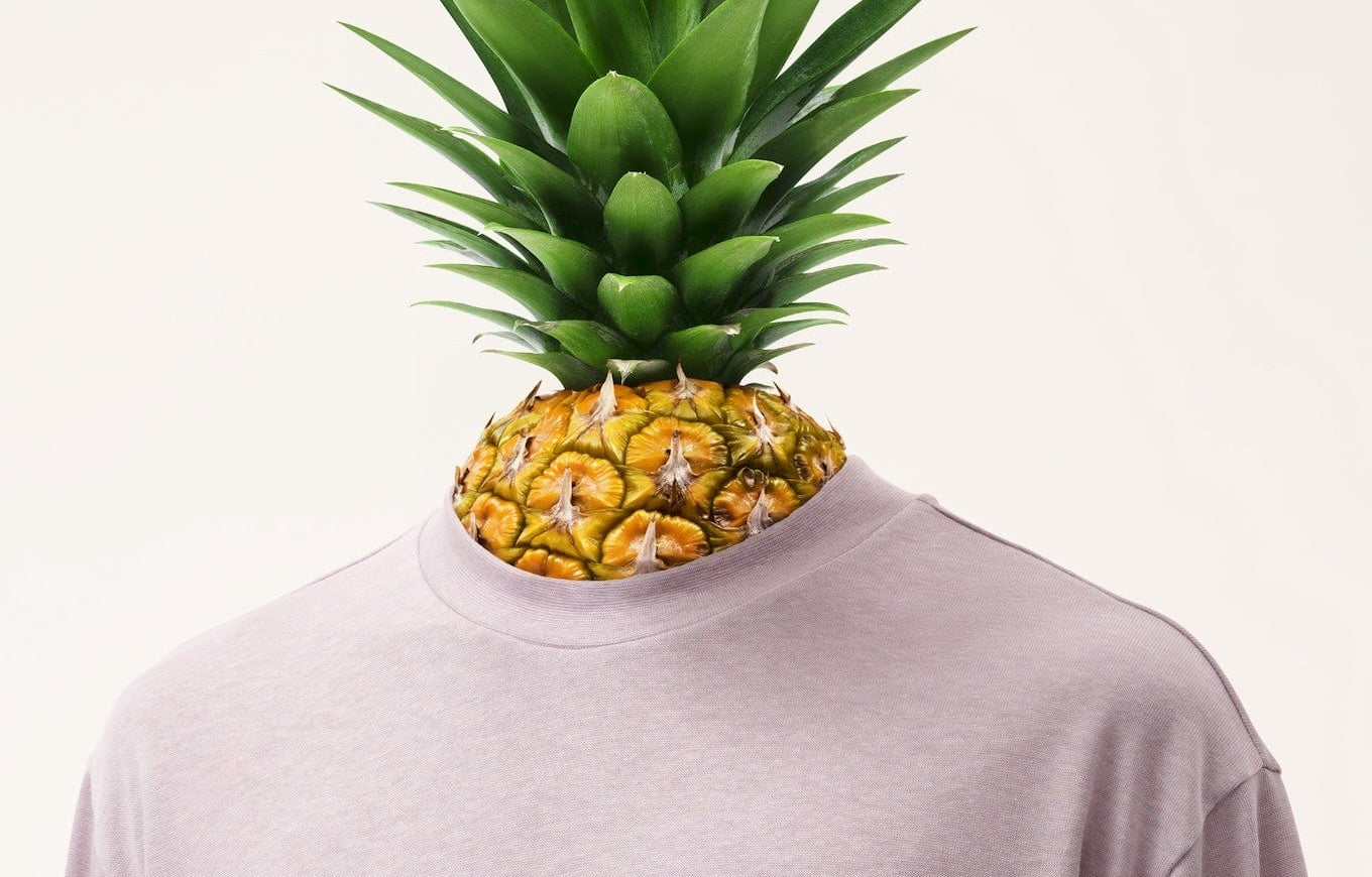 Soft lavender long-sleeve crewneck t-shirt, relaxed fit. Bamboo lyocell, pineapple, banana leaf fiber blend. PANGAIA